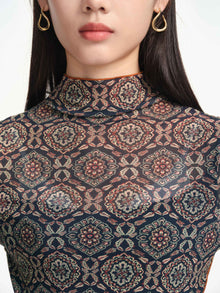Long-Sleves Printed Mesh Top | Navy
