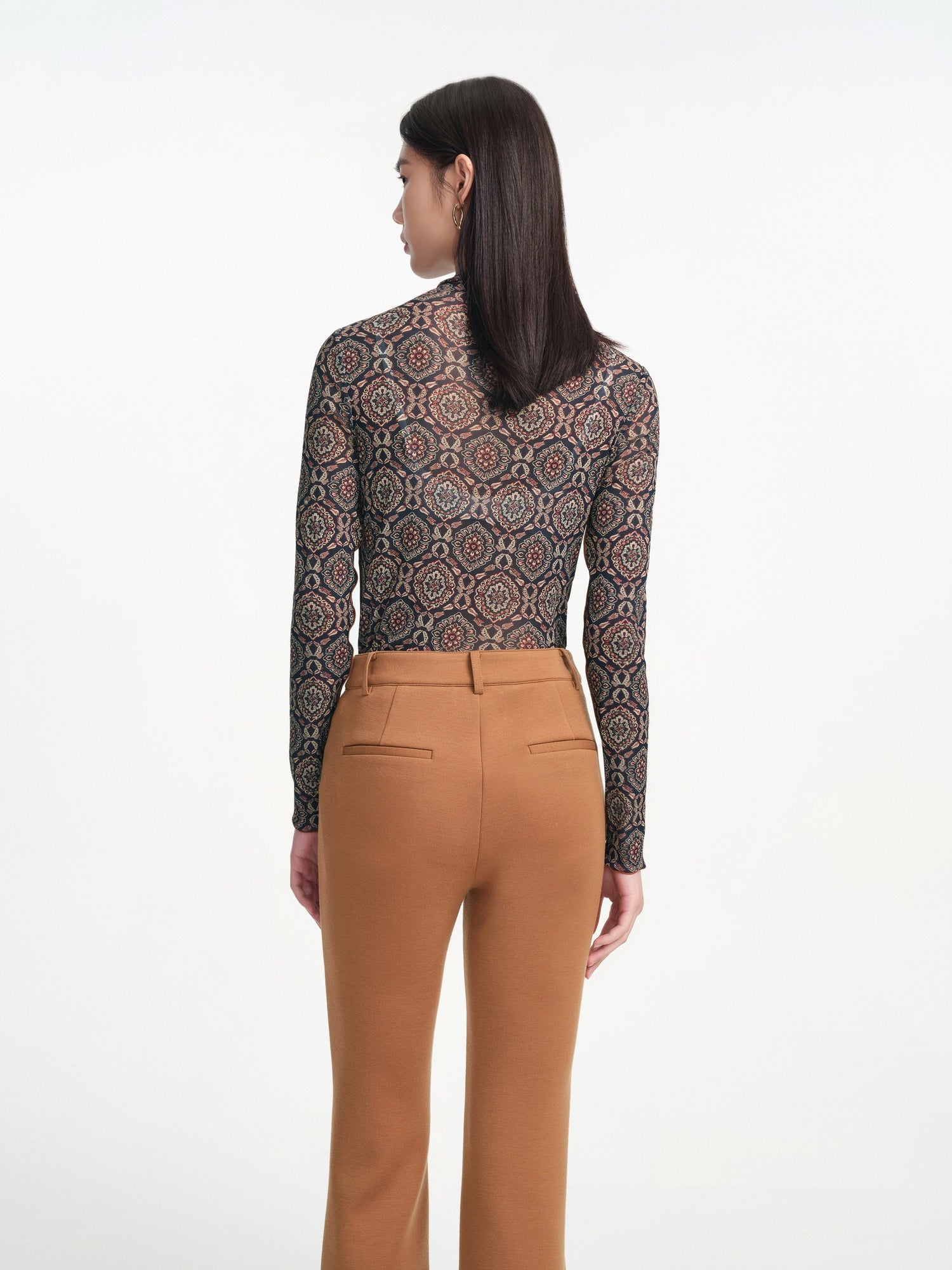 Long-Sleves Printed Mesh Top | Navy