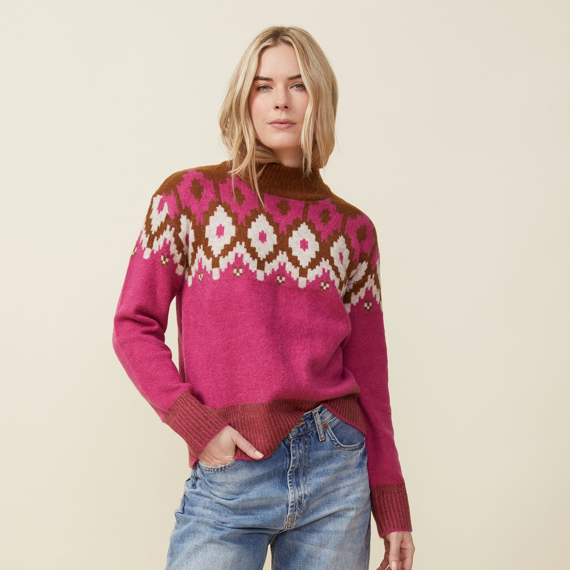 Mock Neck Fair Isle Sweater | Women | Dragon Fruit