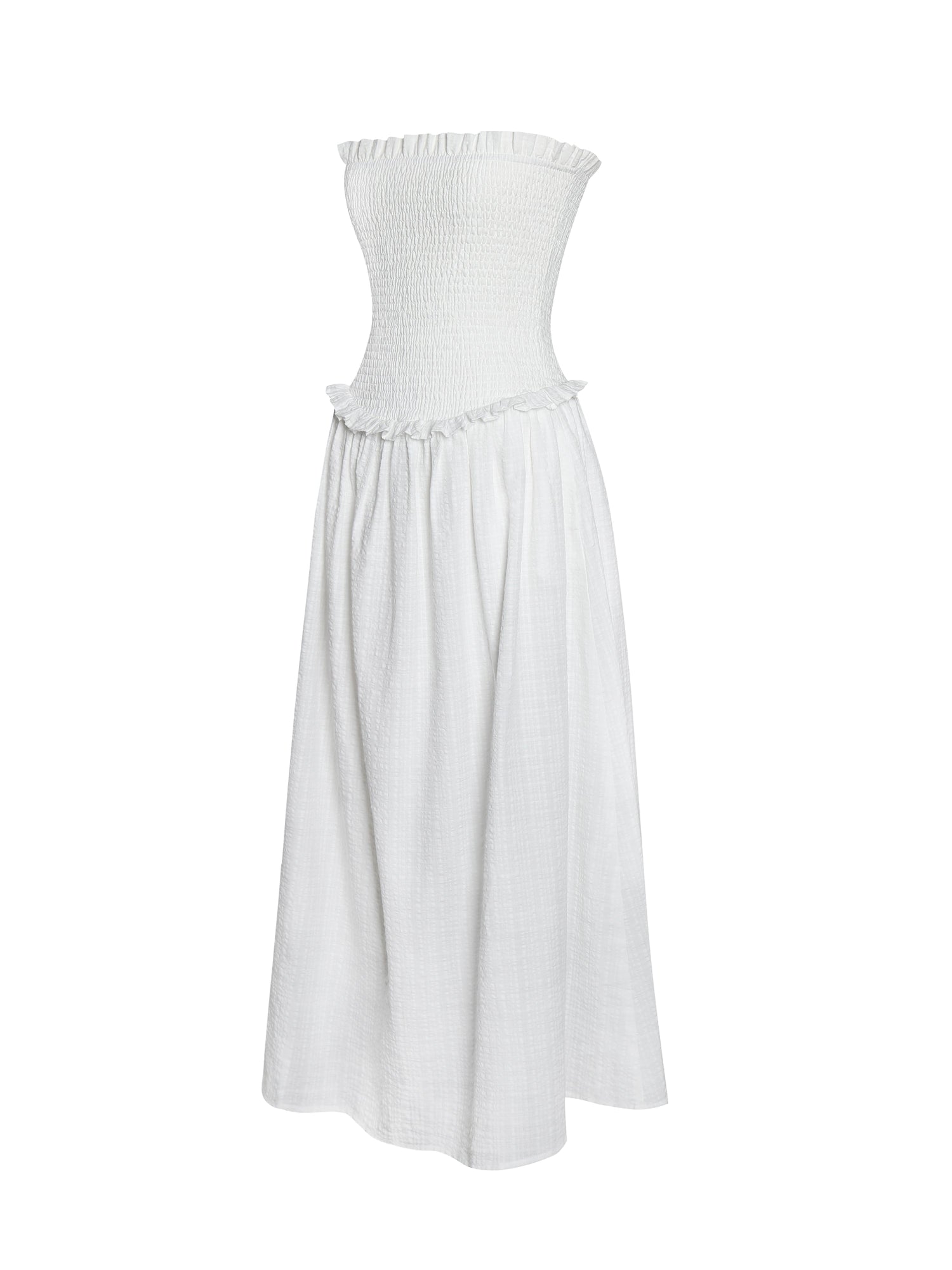Quadiya Cotton Seersucker Smocked Strapless Midi Dress | White