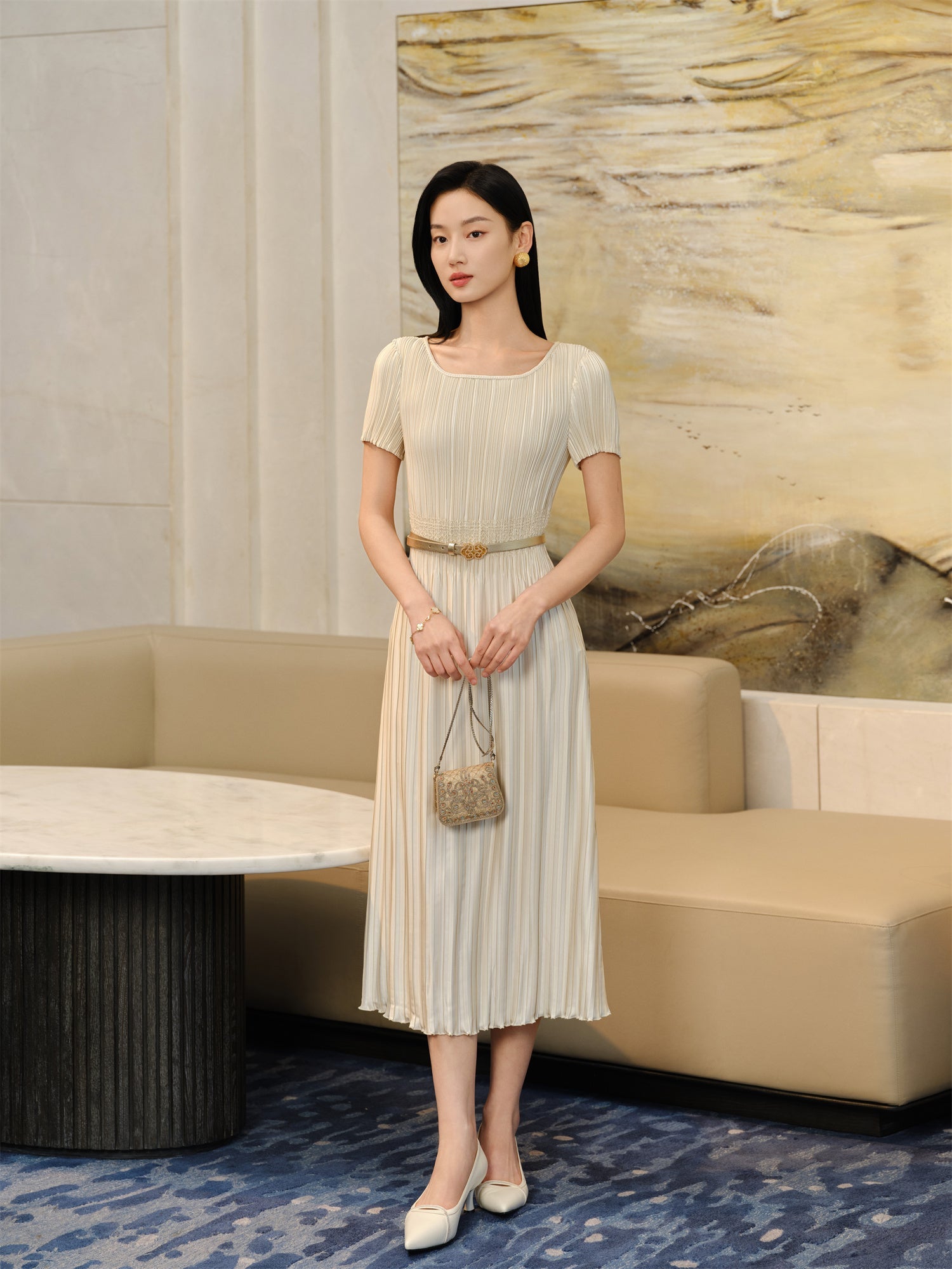 Pleated Waist-Cinched Dress | Golden