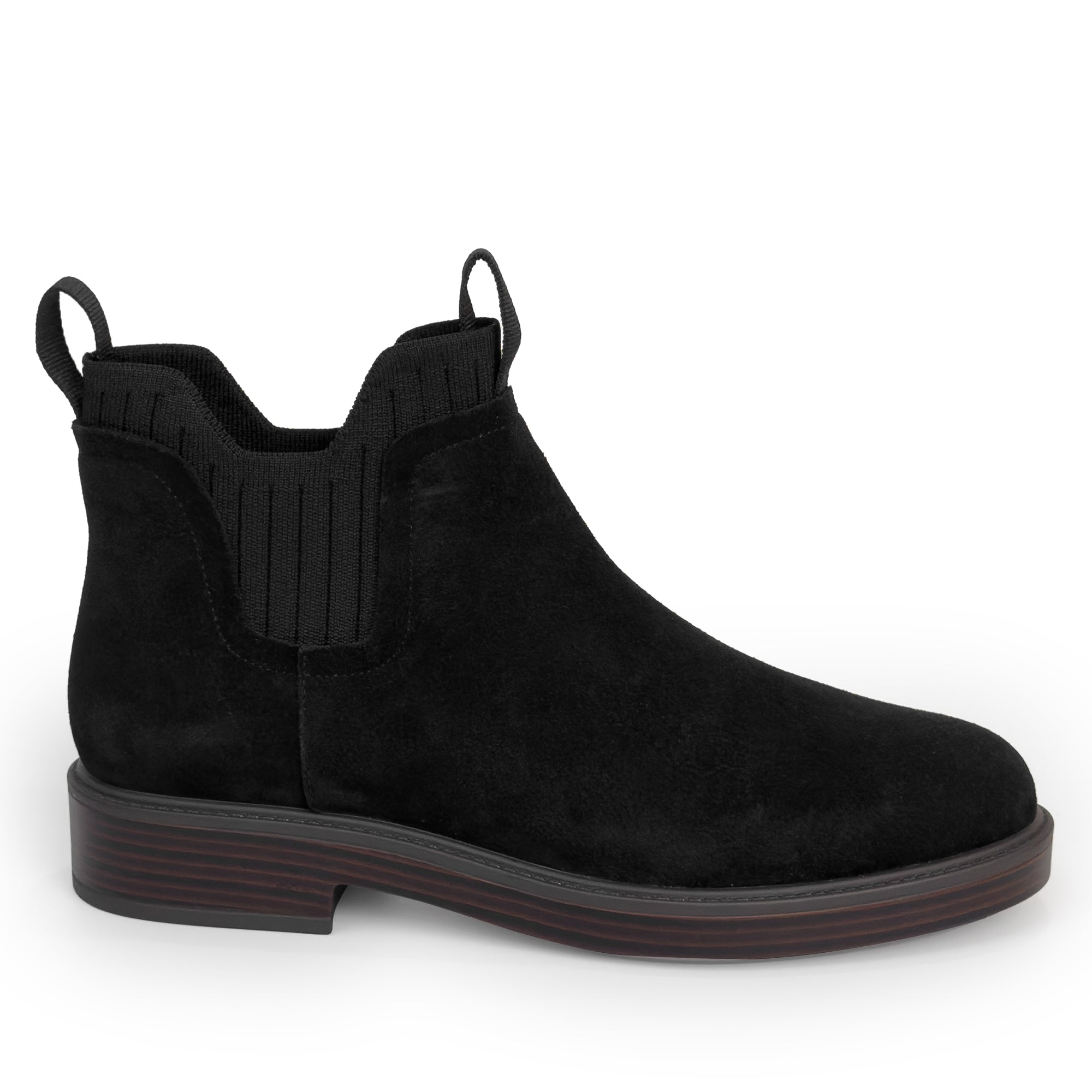 Pressly Bootie Low Block Heel | Black Sport Cow Suede/Knit