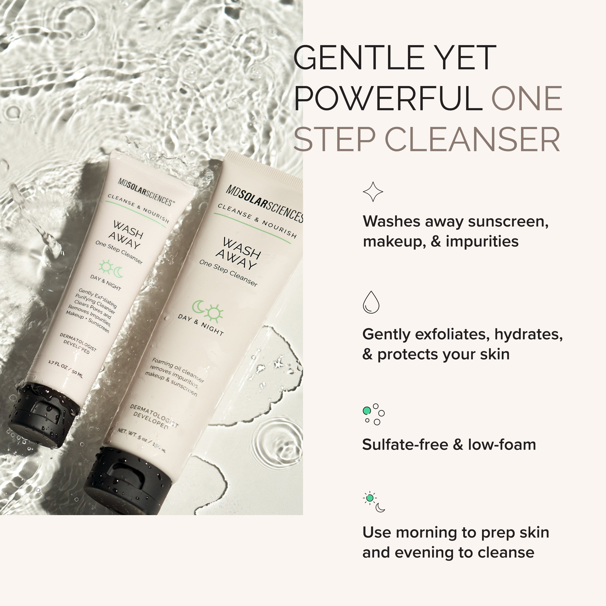 Two bottles of 'Wash Away' cleanser with text highlighting its features