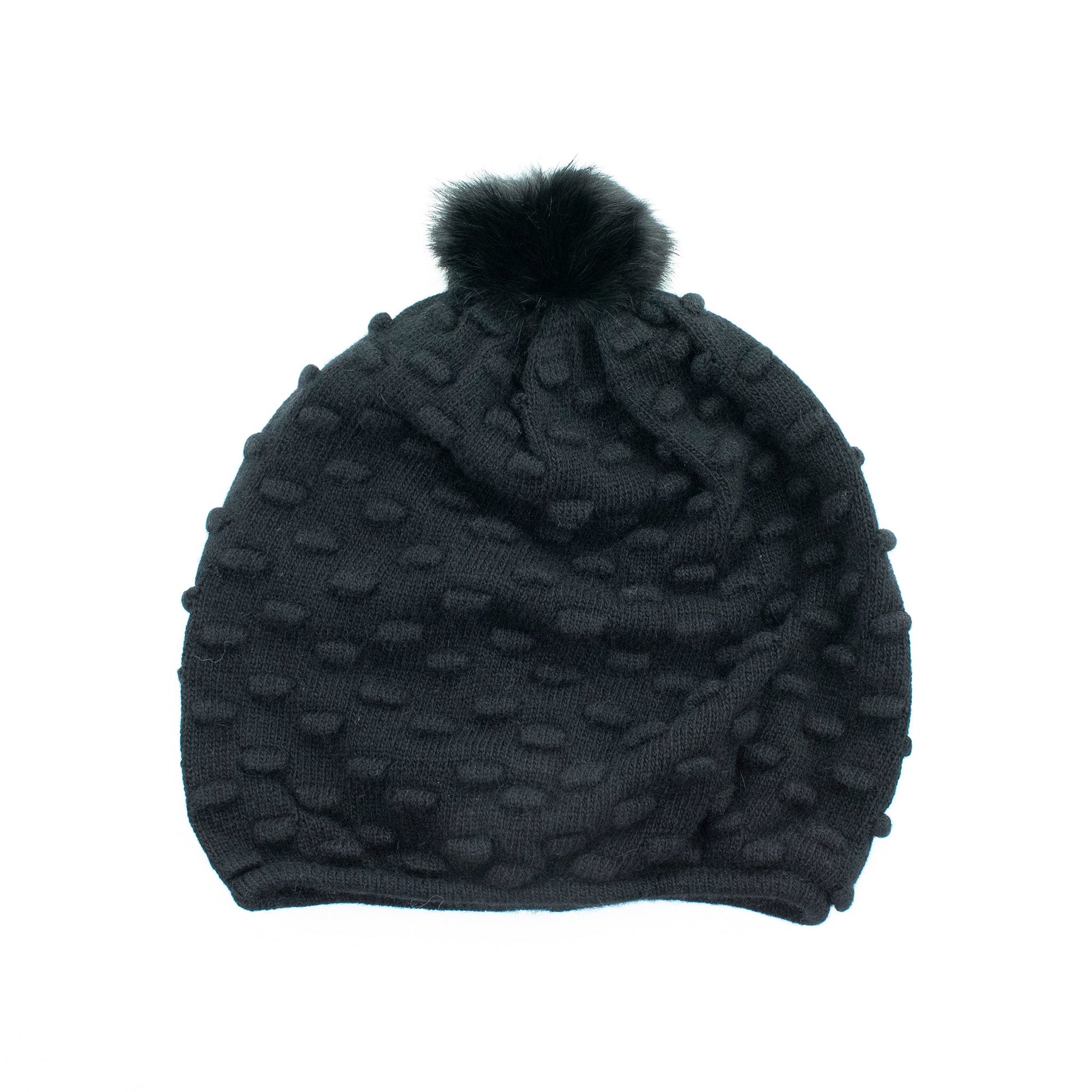 Hat In Popcorn Stitch And Fur Pom | Black