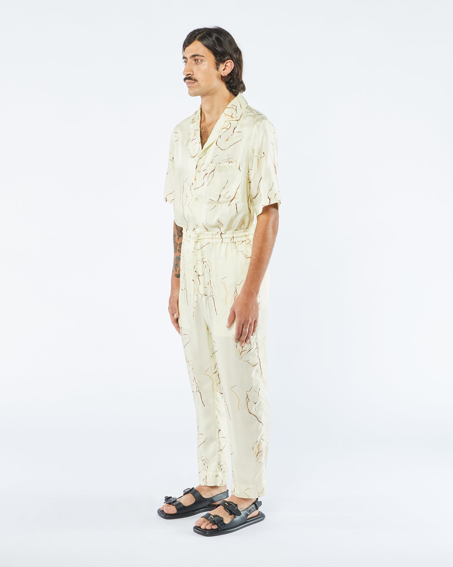 Mens | Jain Printed Twill Silk Pants | Line Drawing Small Scale