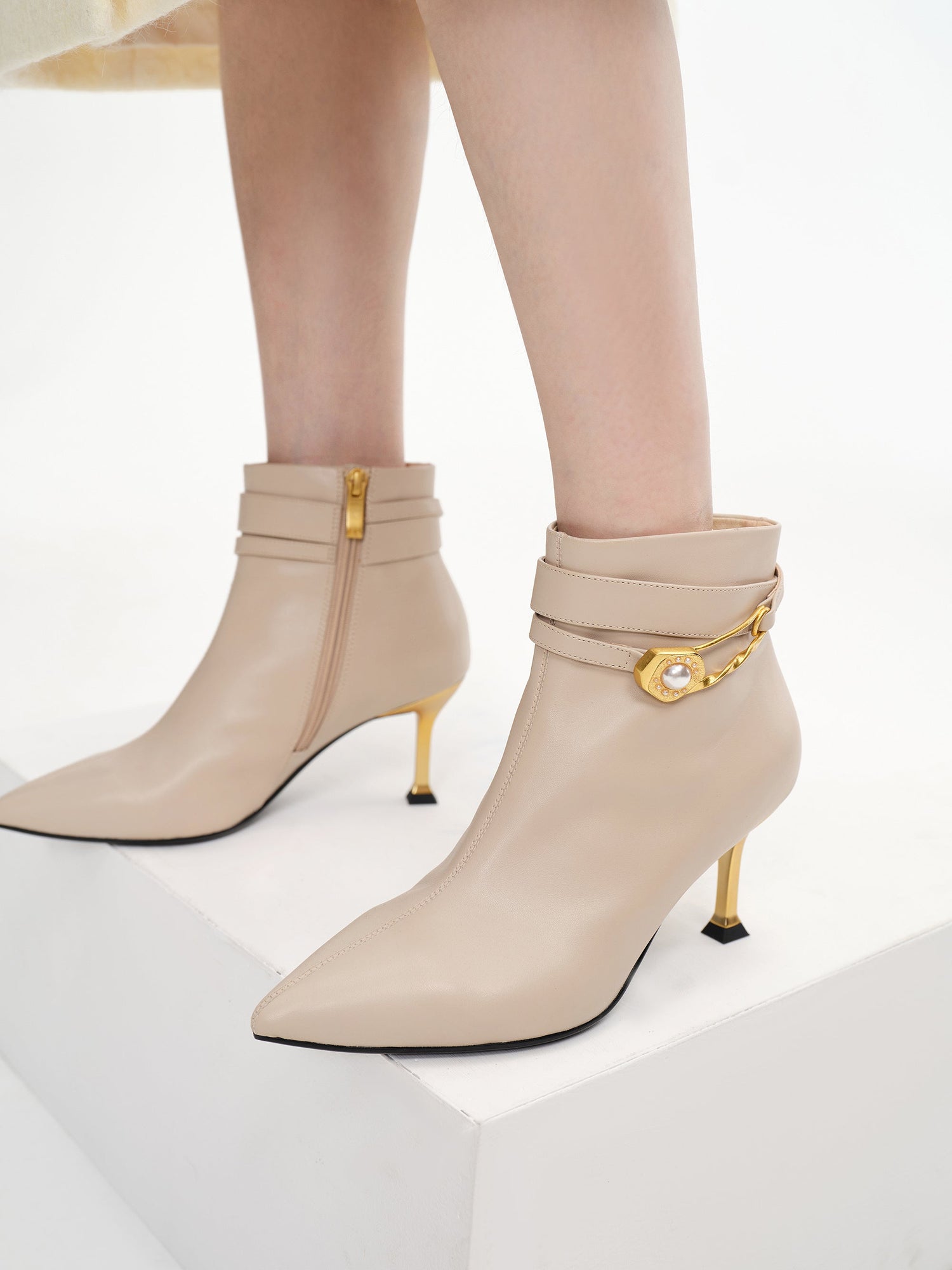 Pin Buckle Booties in Leather | Beige