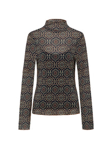 Long-Sleves Printed Mesh Top | Navy