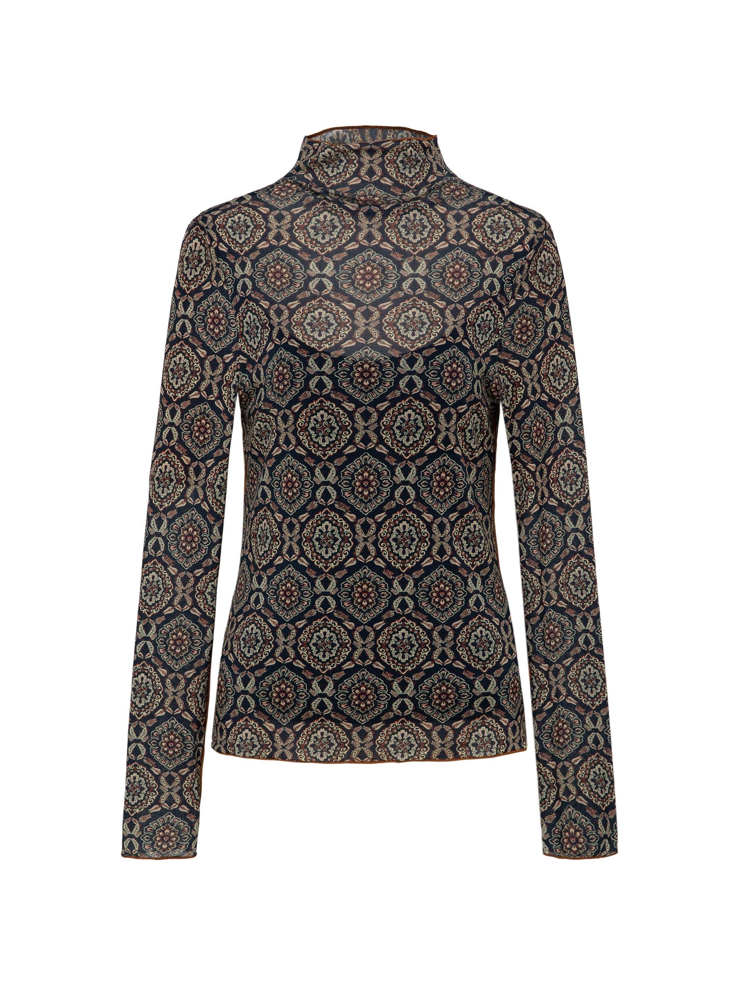 Long-Sleves Printed Mesh Top | Navy
