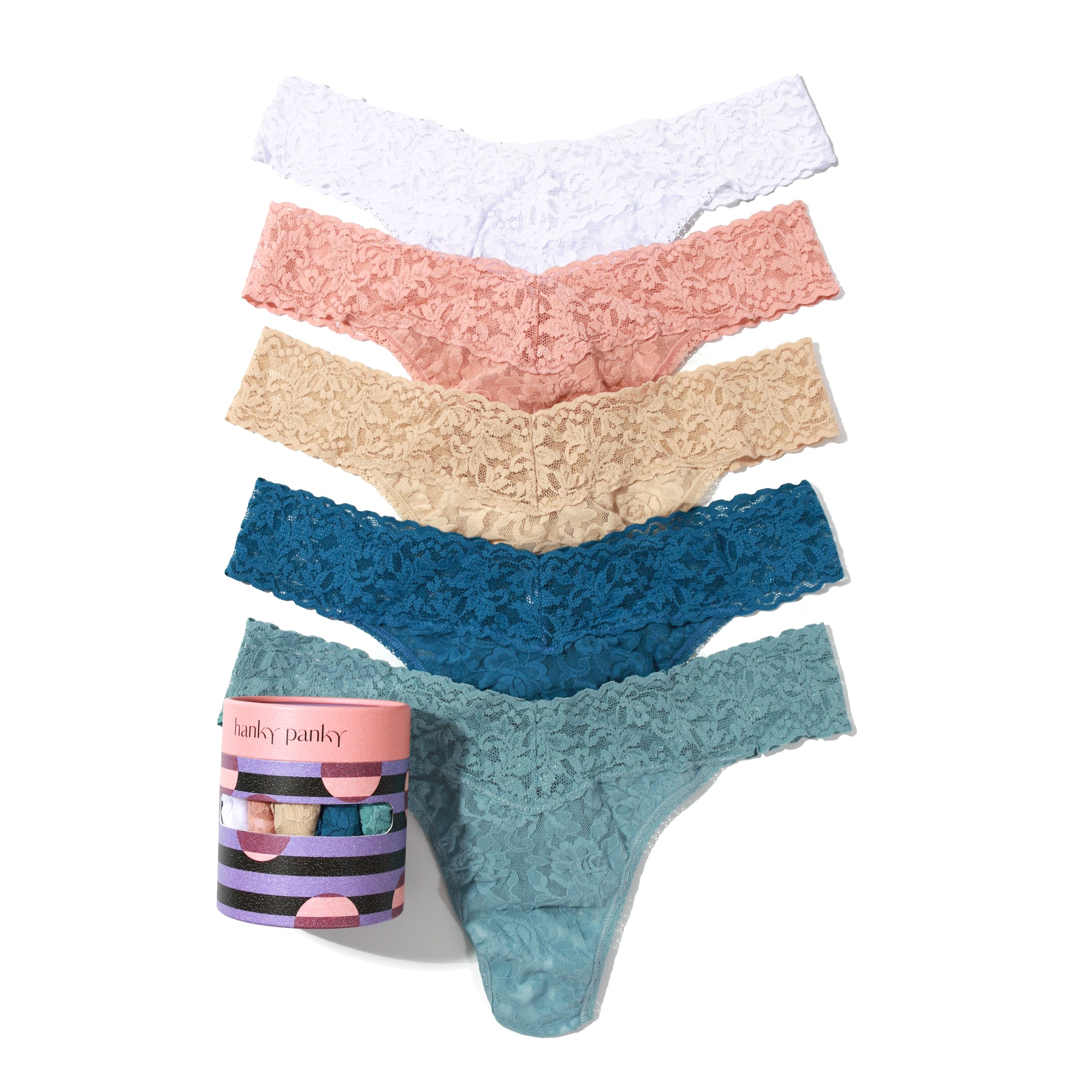 5-Pack Signature Lace Original Rise Thongs | White/Seashell Beige/Sand/Storm Cloud Blue/Duck Egg Blue