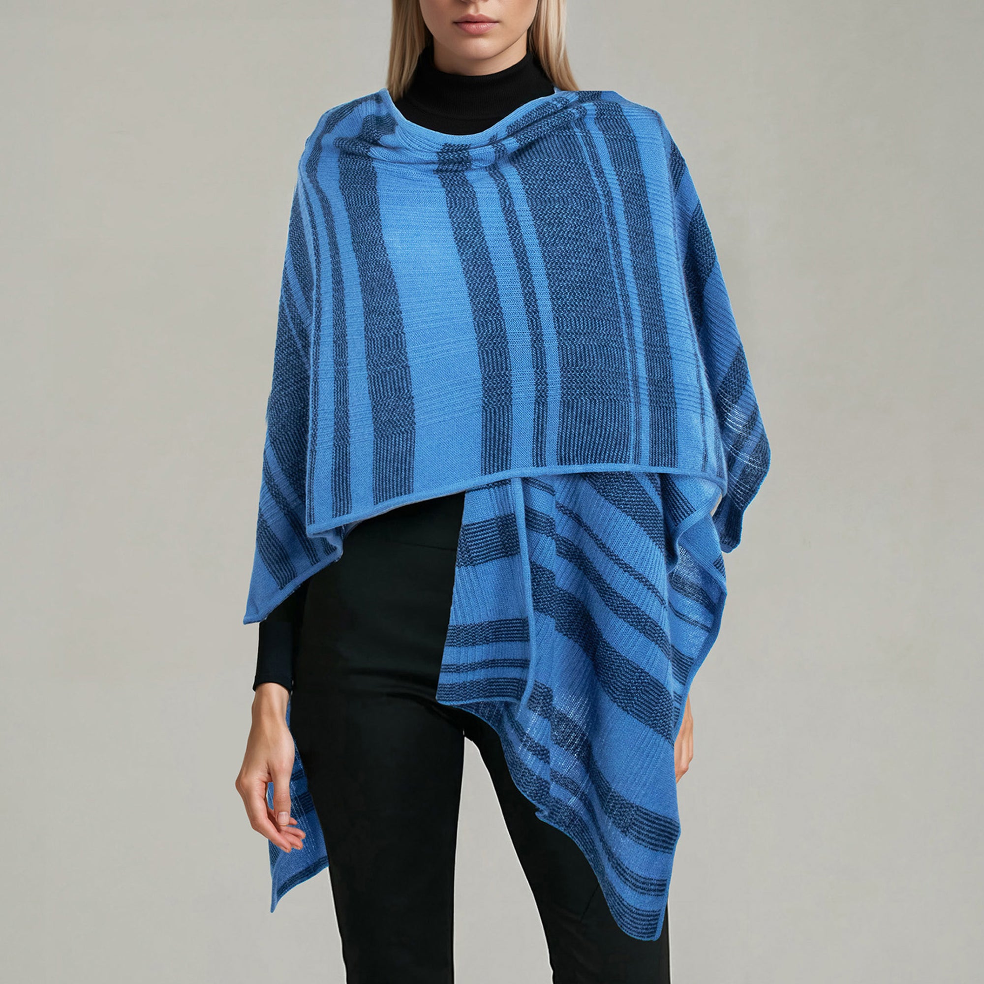 Womens | Cashmere Striped Ruana Shawl | Blue