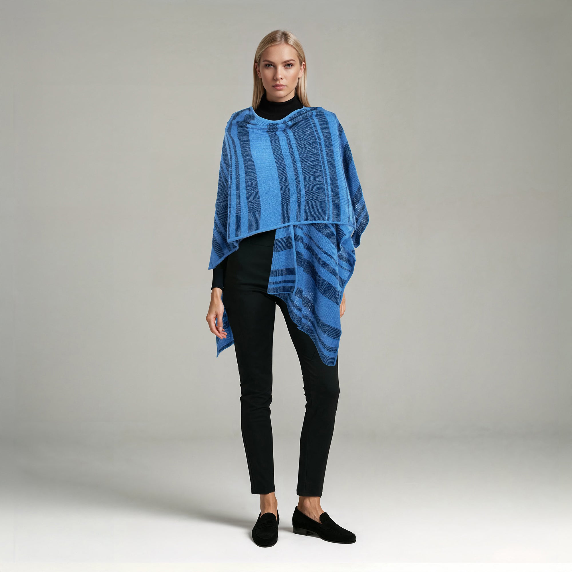 Womens | Cashmere Striped Ruana Shawl | Blue