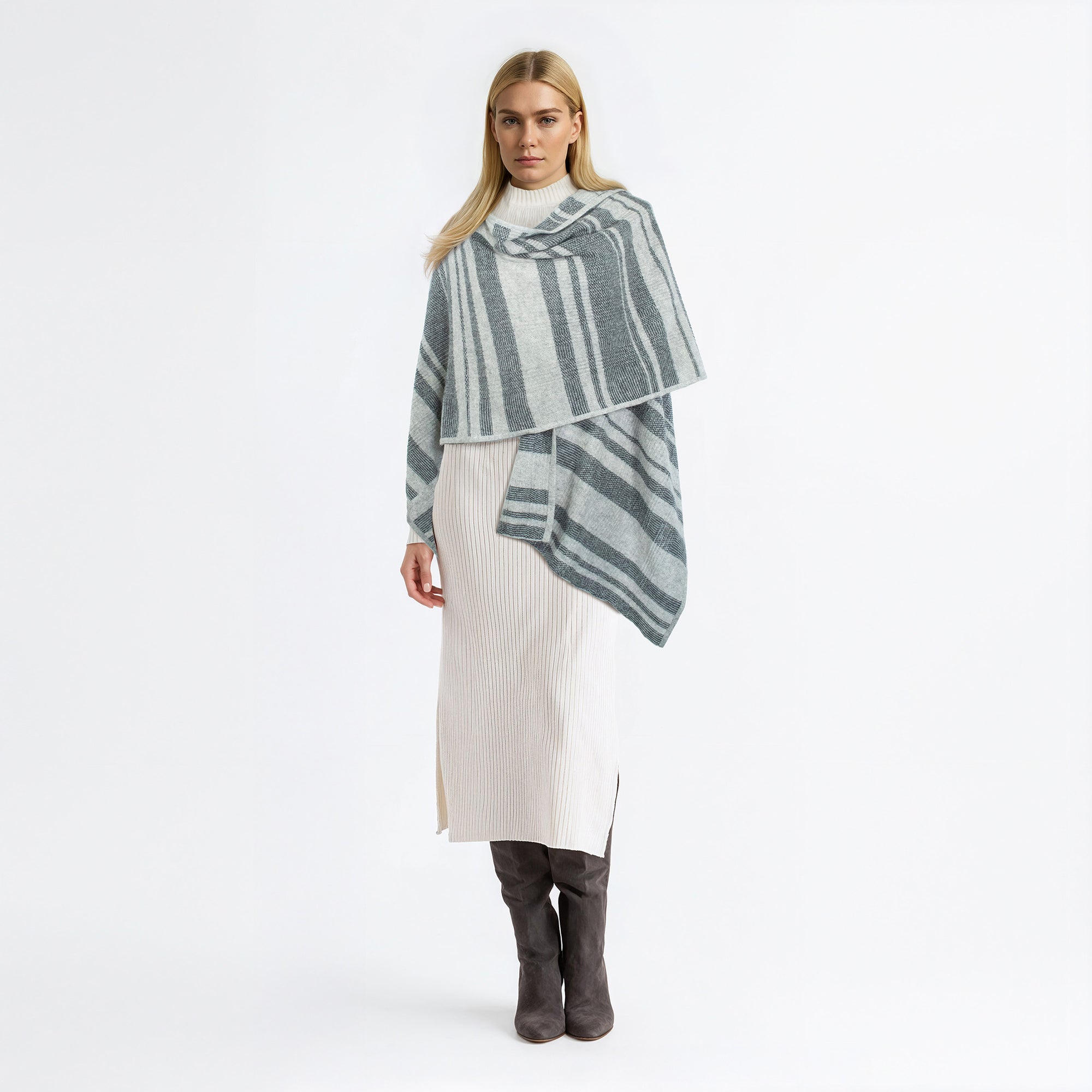 Womens | Cashmere Striped Ruana Shawl | Grey