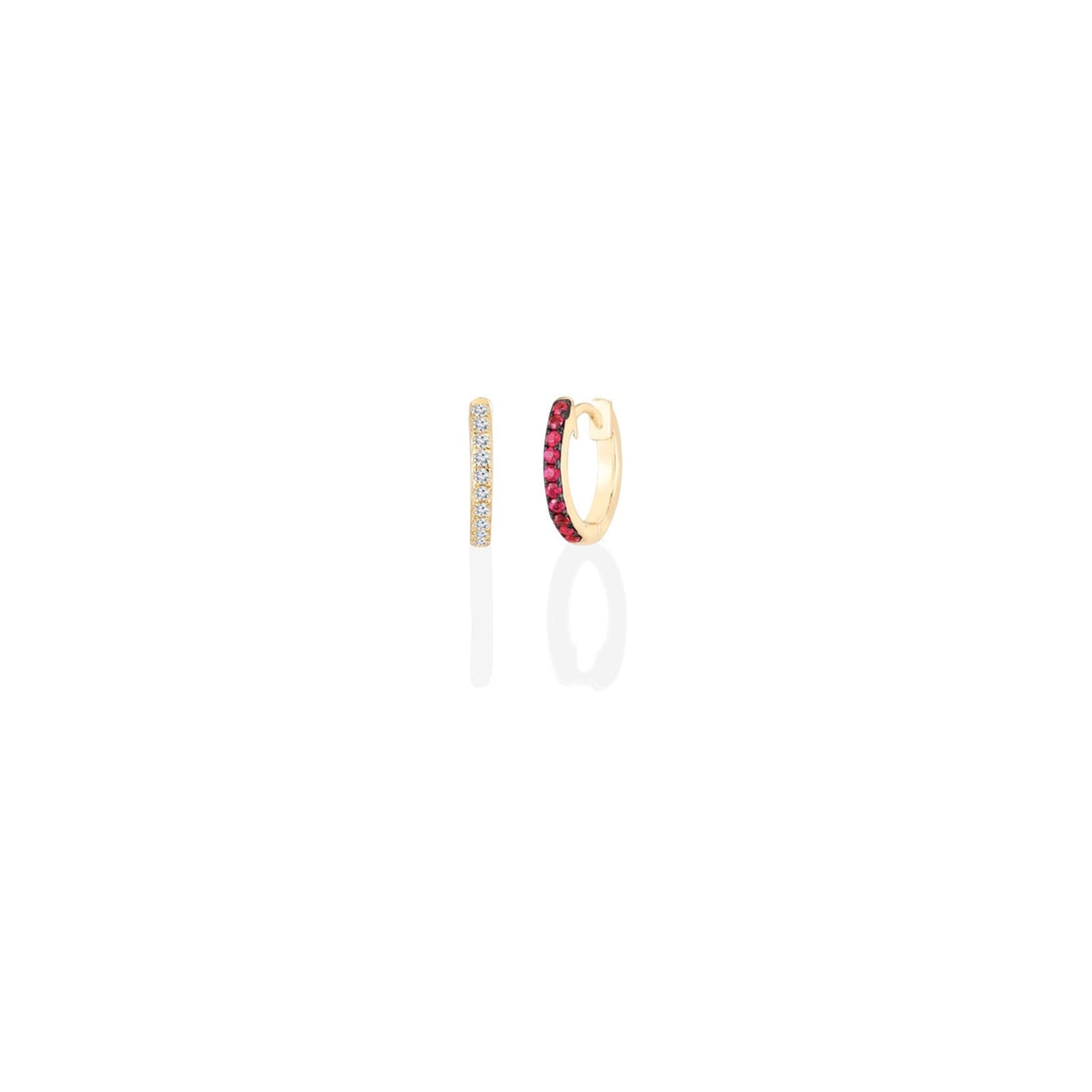 Half diamond  & Half ruby Pavé Hoop Earrings on a white background
