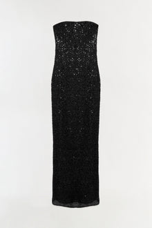 Black sequin strapless gown with floor-length silhouette and fitted bodice.