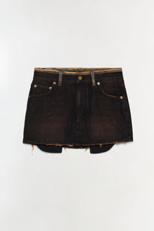 Black denim mini skirt with distressed hem and raw edges, featuring five-pocket styling and gold-tone hardware.