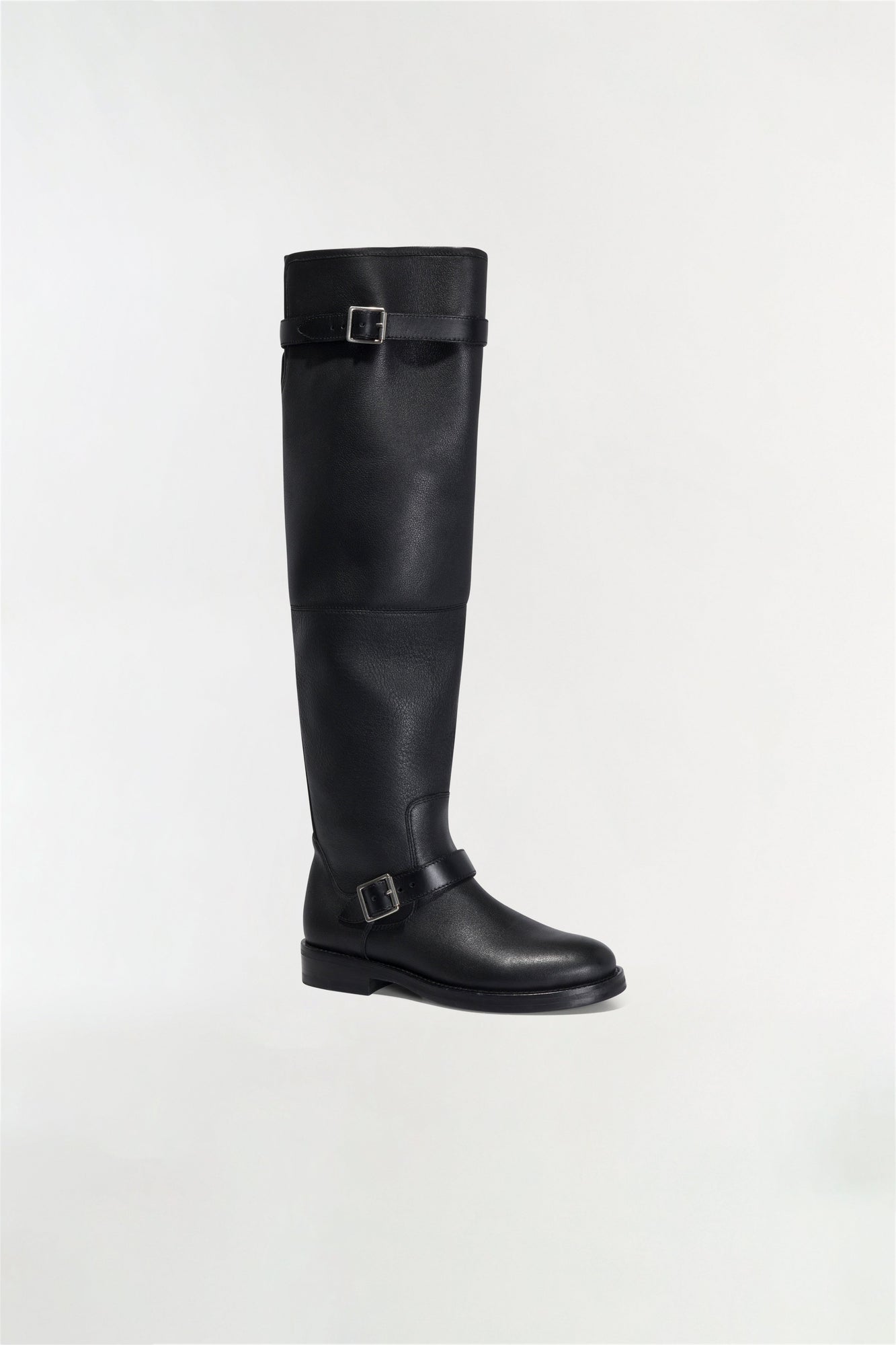 Black leather over-the-knee boot with buckle straps at calf and ankle.