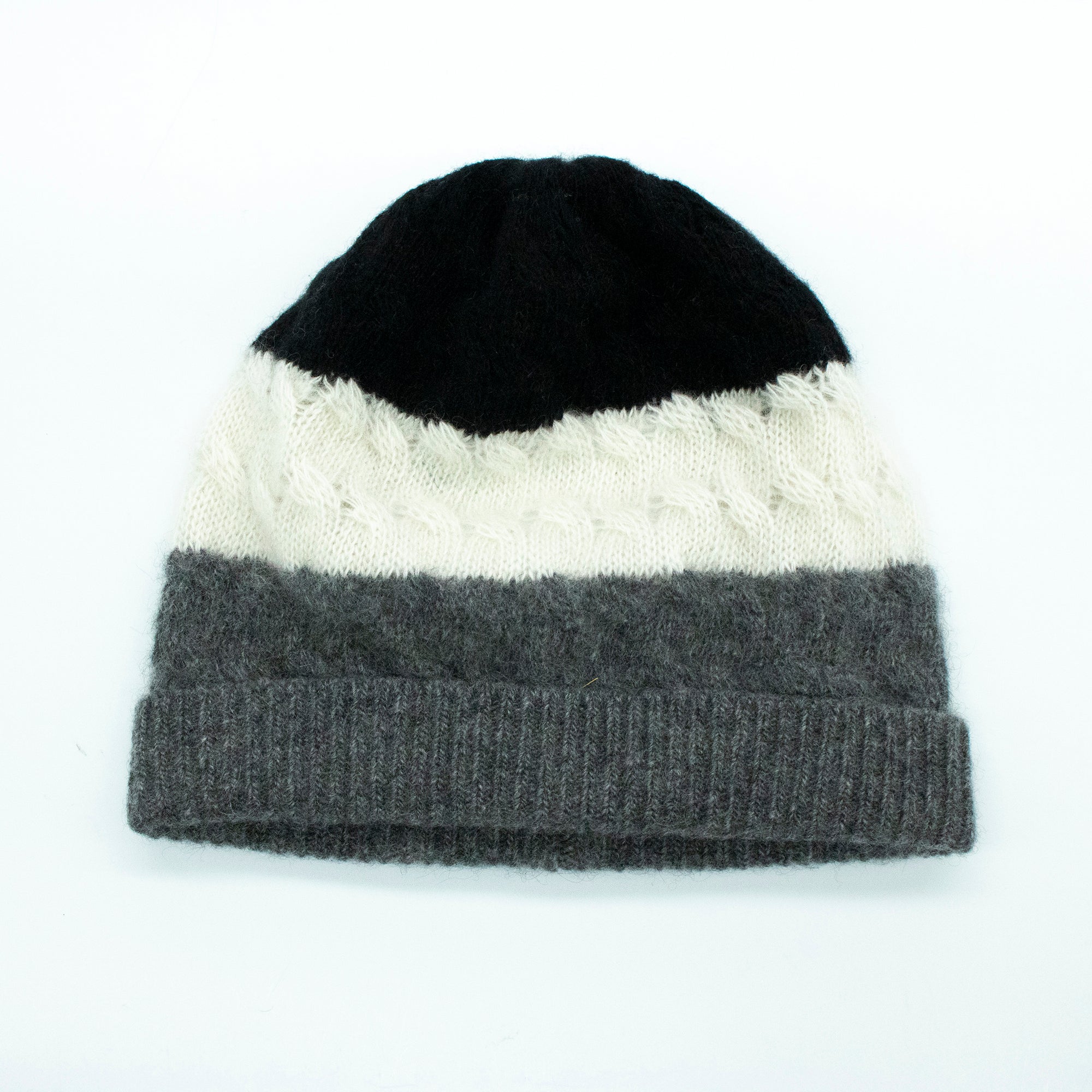 Kids | Cashmere Striped Hat with Cables | Black/Grey Combo