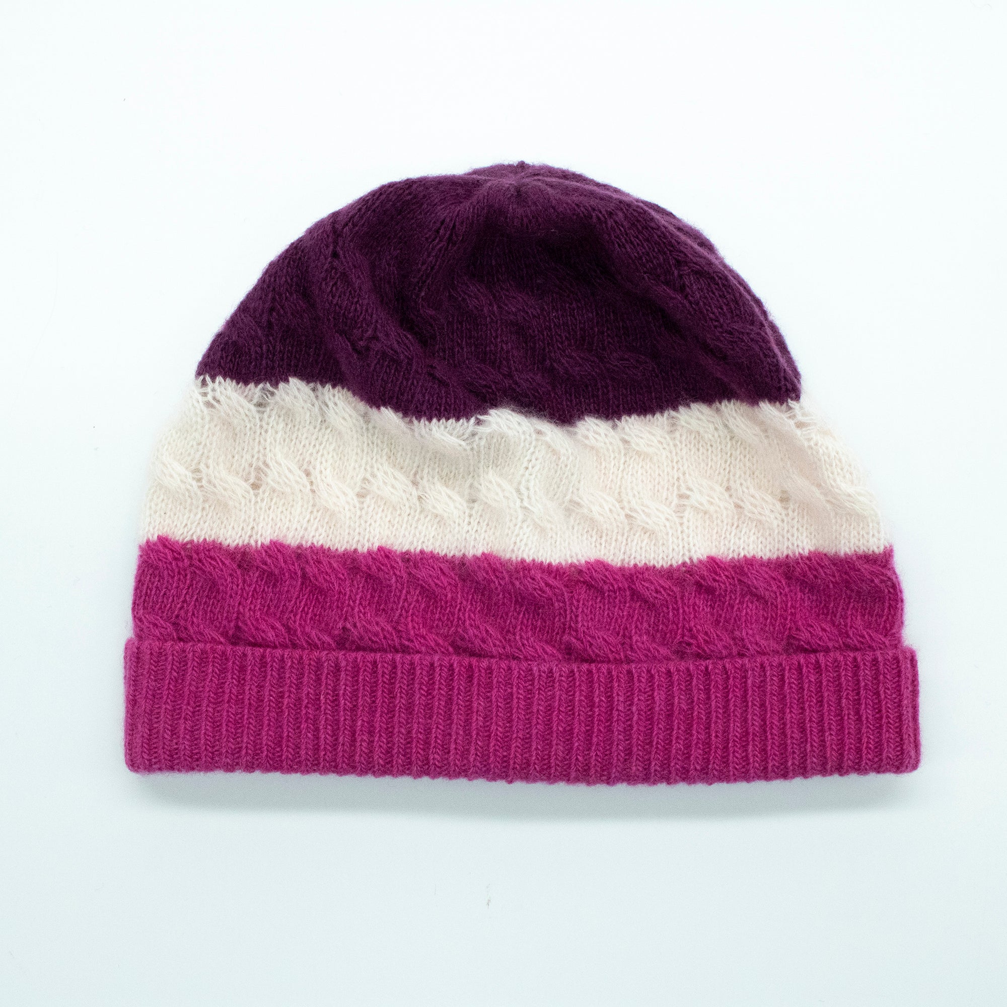Kids | Cashmere Striped Hat with Cables | Purple Combo