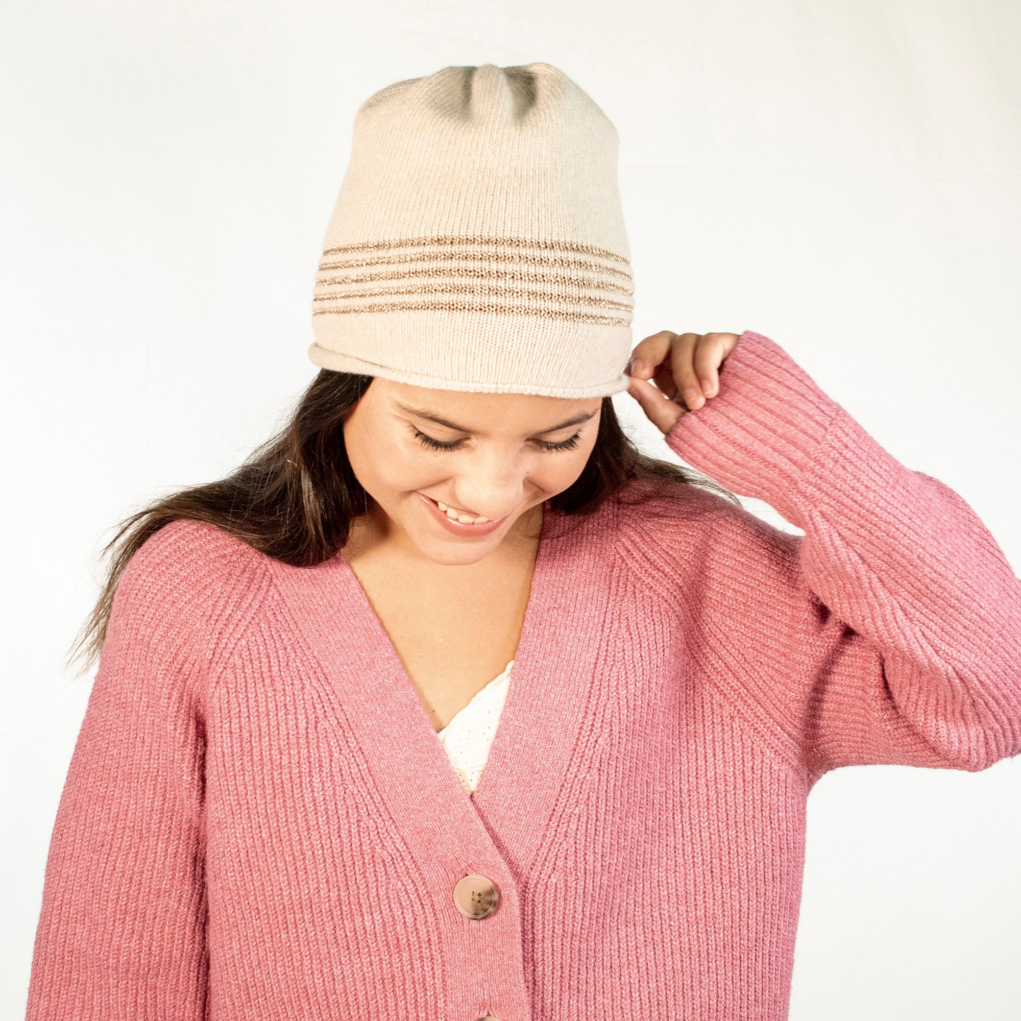 Kids Cashmere Hat With Lurex Stripes | Ivory