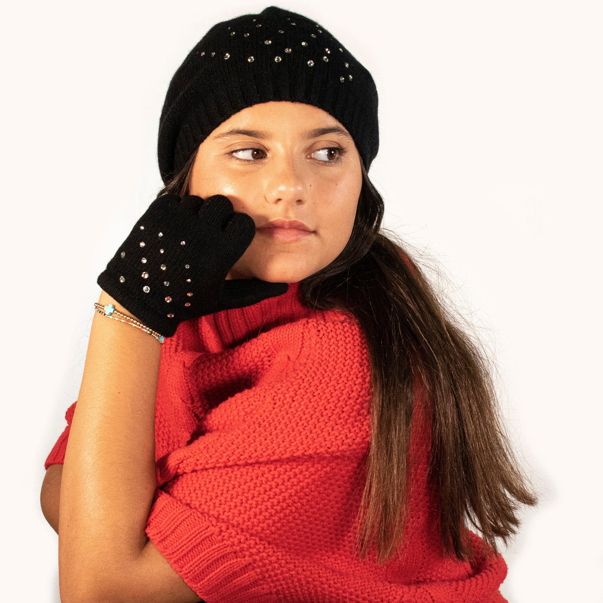 Kids Cashmere Gloves With Crystal Stones | Black