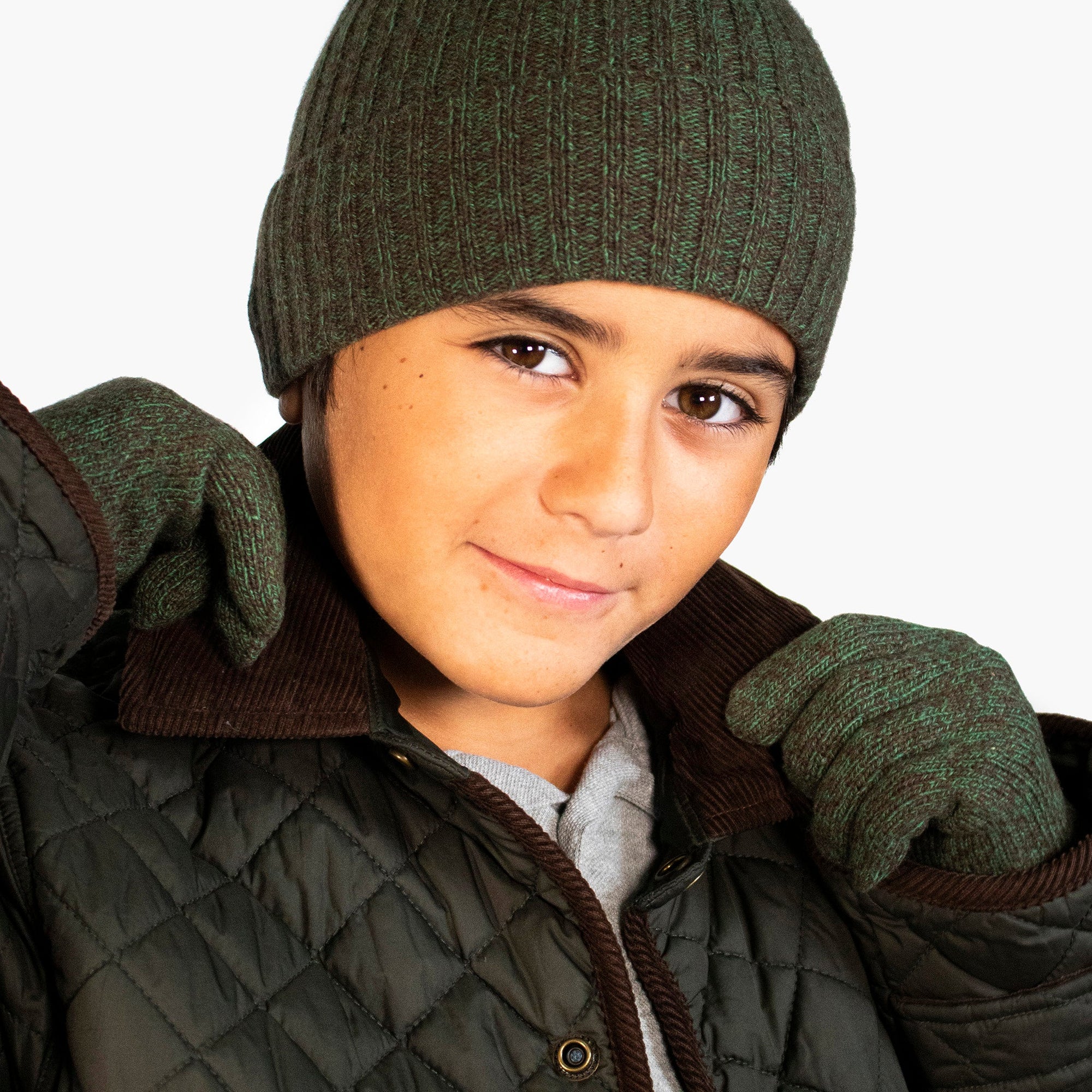 Kids Cashmere Tweeded Gloves | Brown/Sage