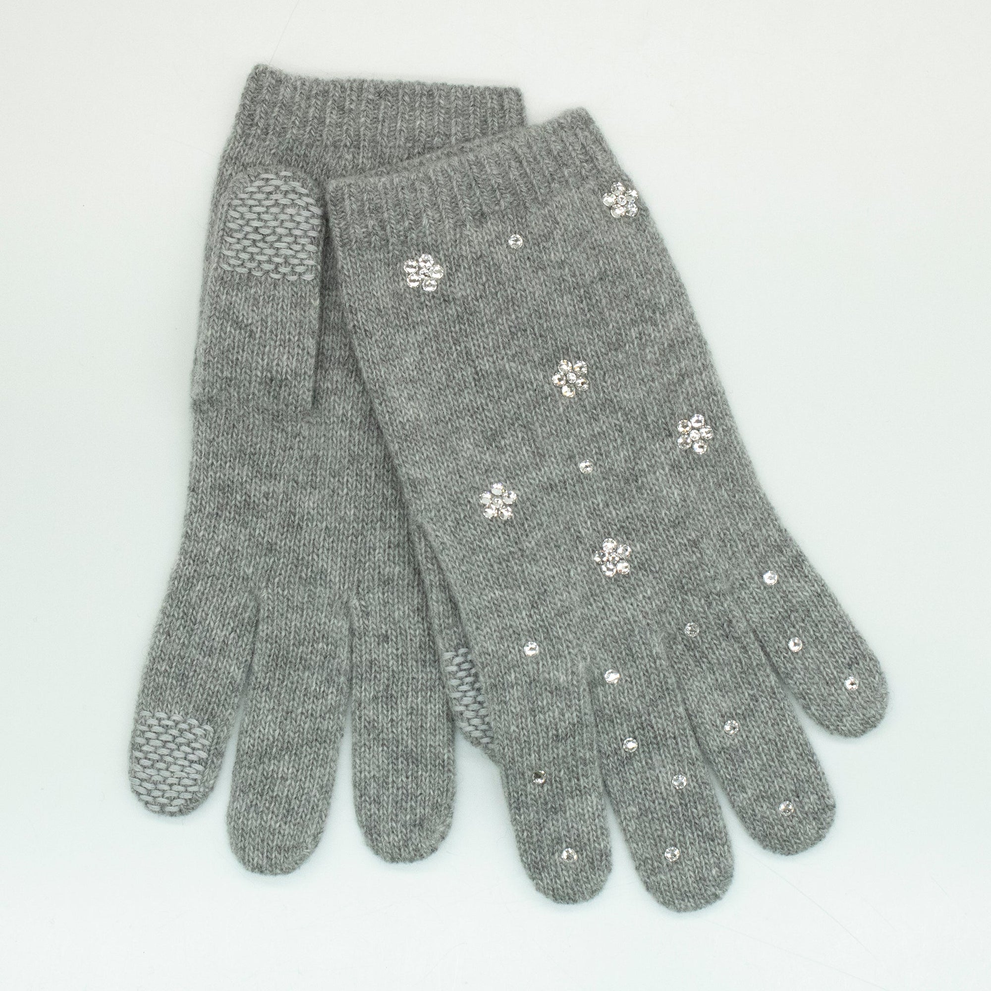 Tech Cashmere Gloves With Flowers Stones | Light Grey