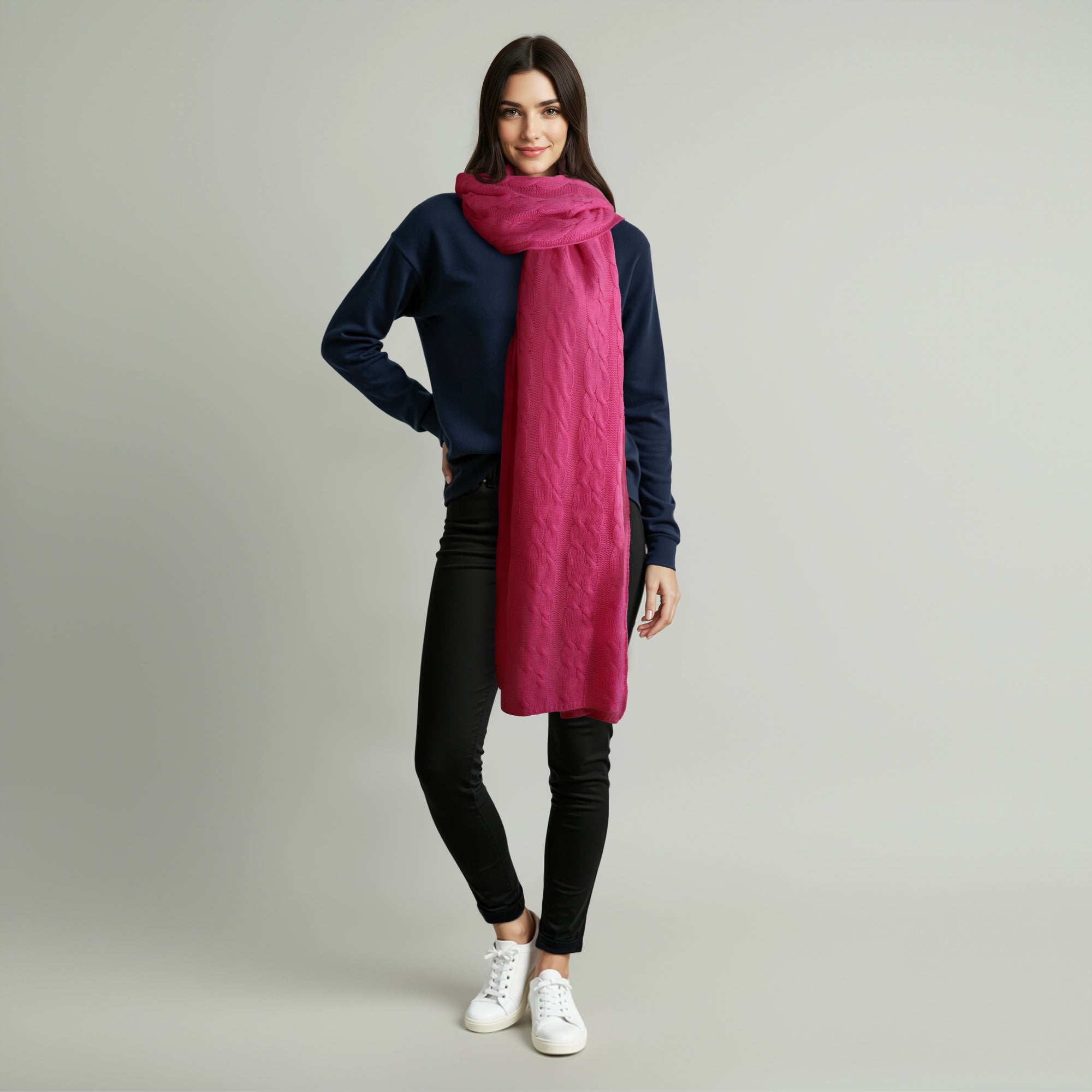 Womens | Cashmere Wrap with Cables | Fuschia