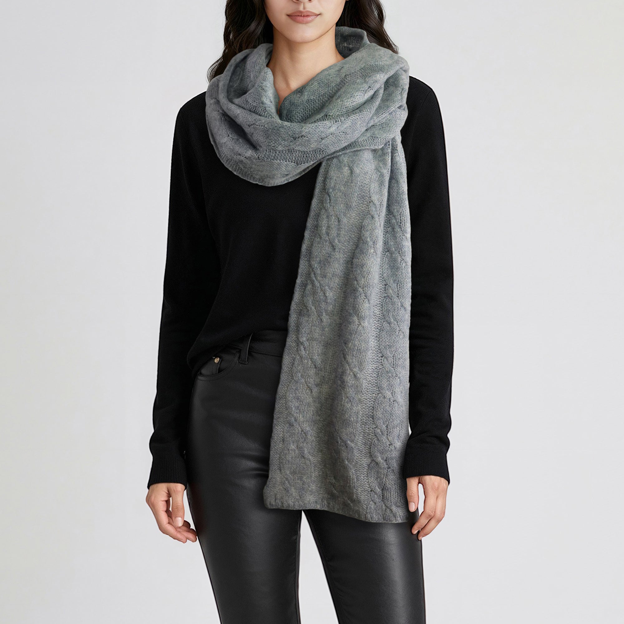Womens | Cashmere Wrap with Cables | Light Grey