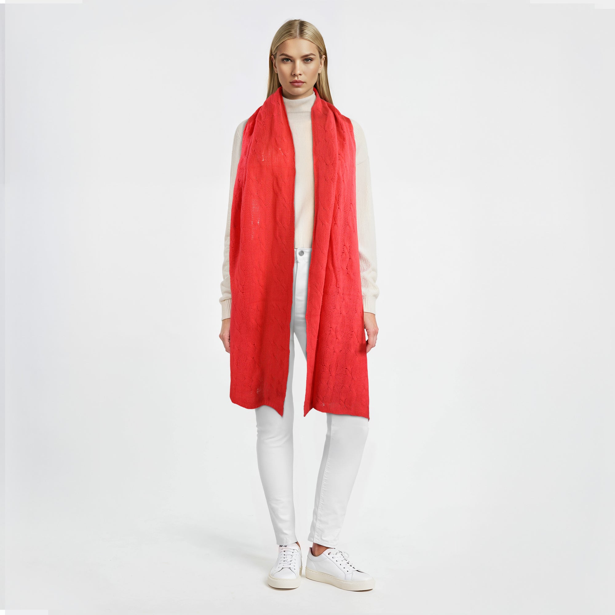 Womens | Cashmere Wrap with Cables | Cherry