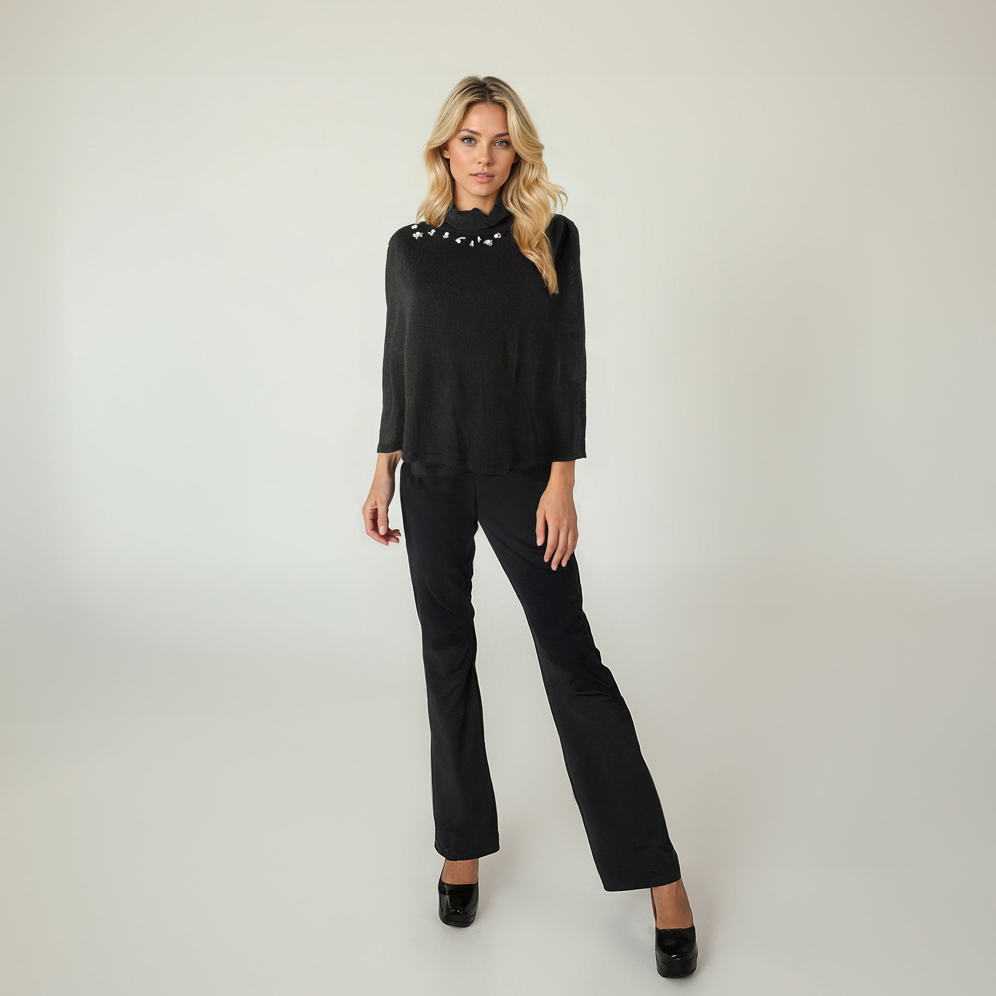 Womens | Poncho with Crystal Stones | Black