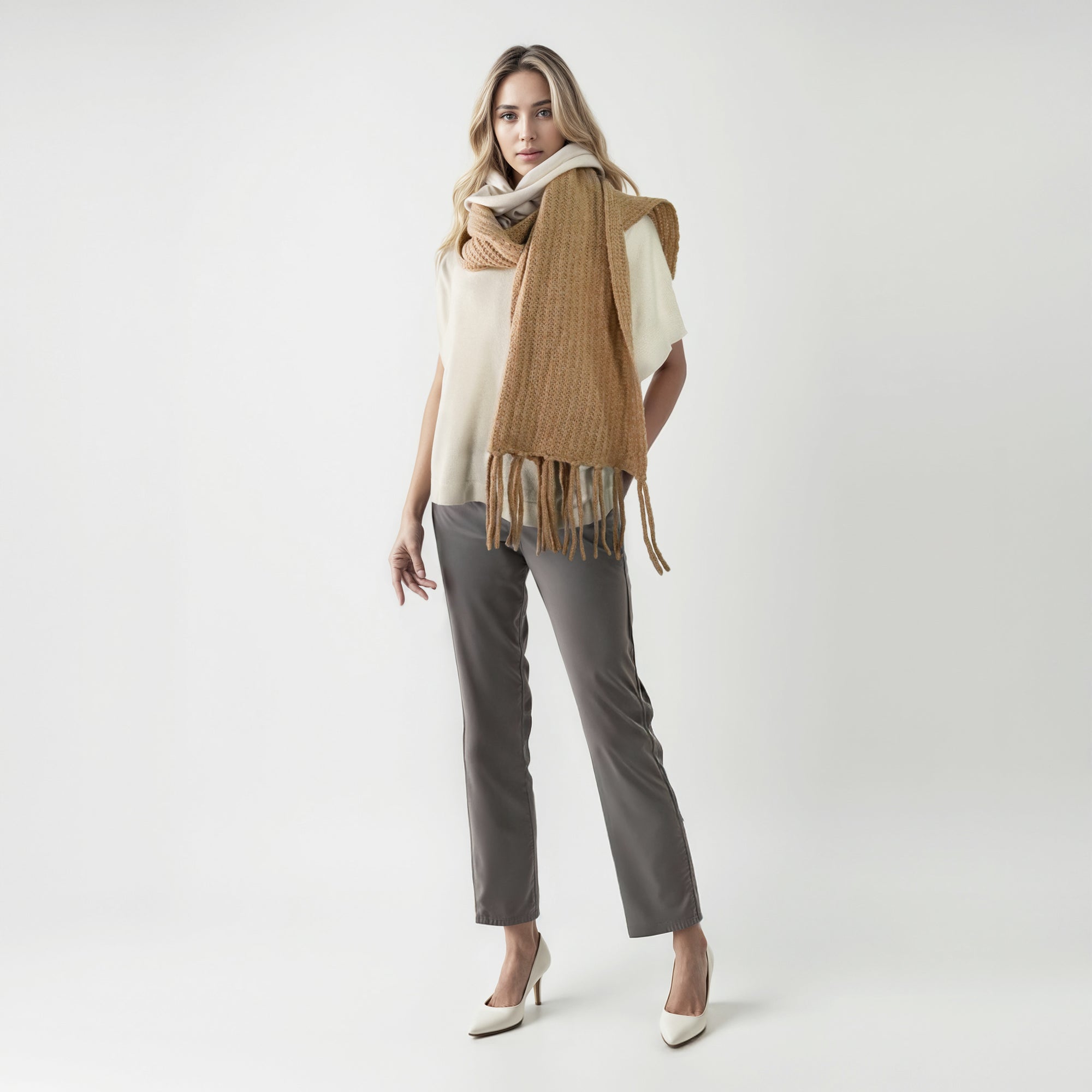 Womens | Chunky Ribbed Wrap with Fringes | Camel