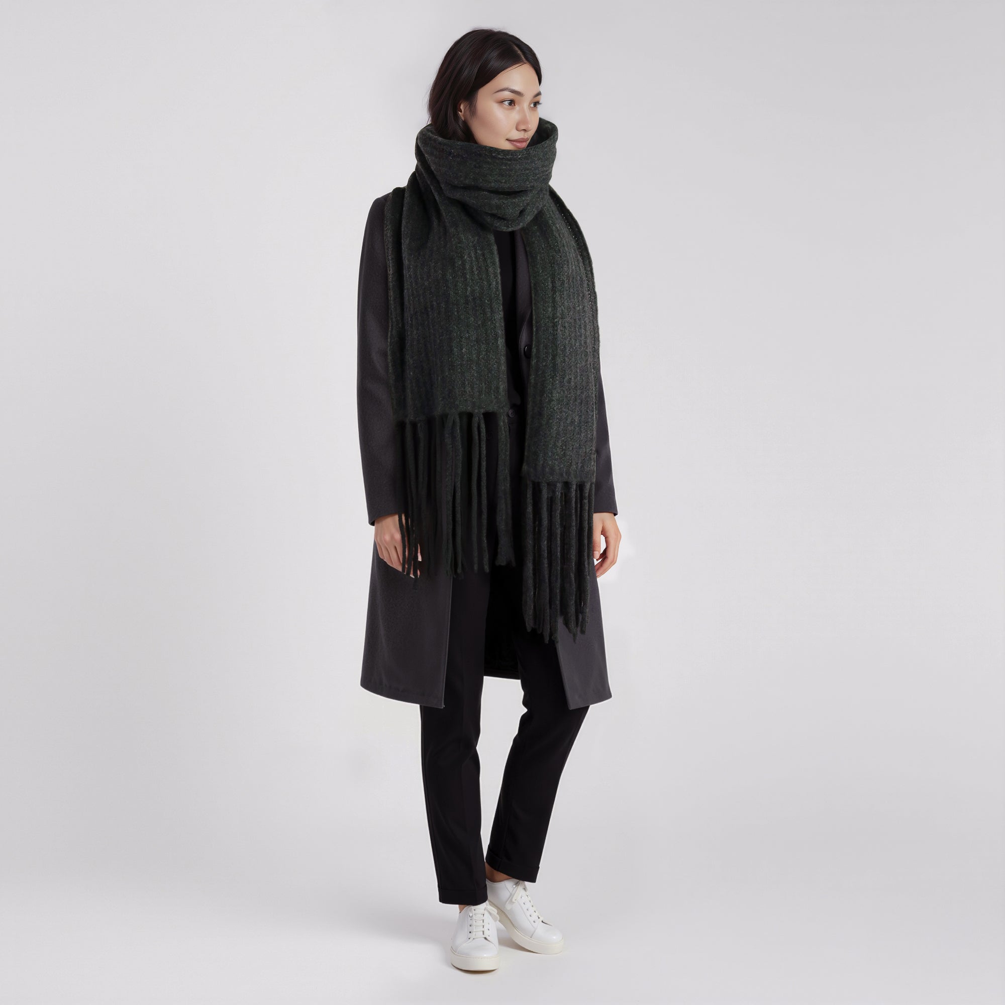 Womens | Chunky Ribbed Wrap with Fringes | Charcoal