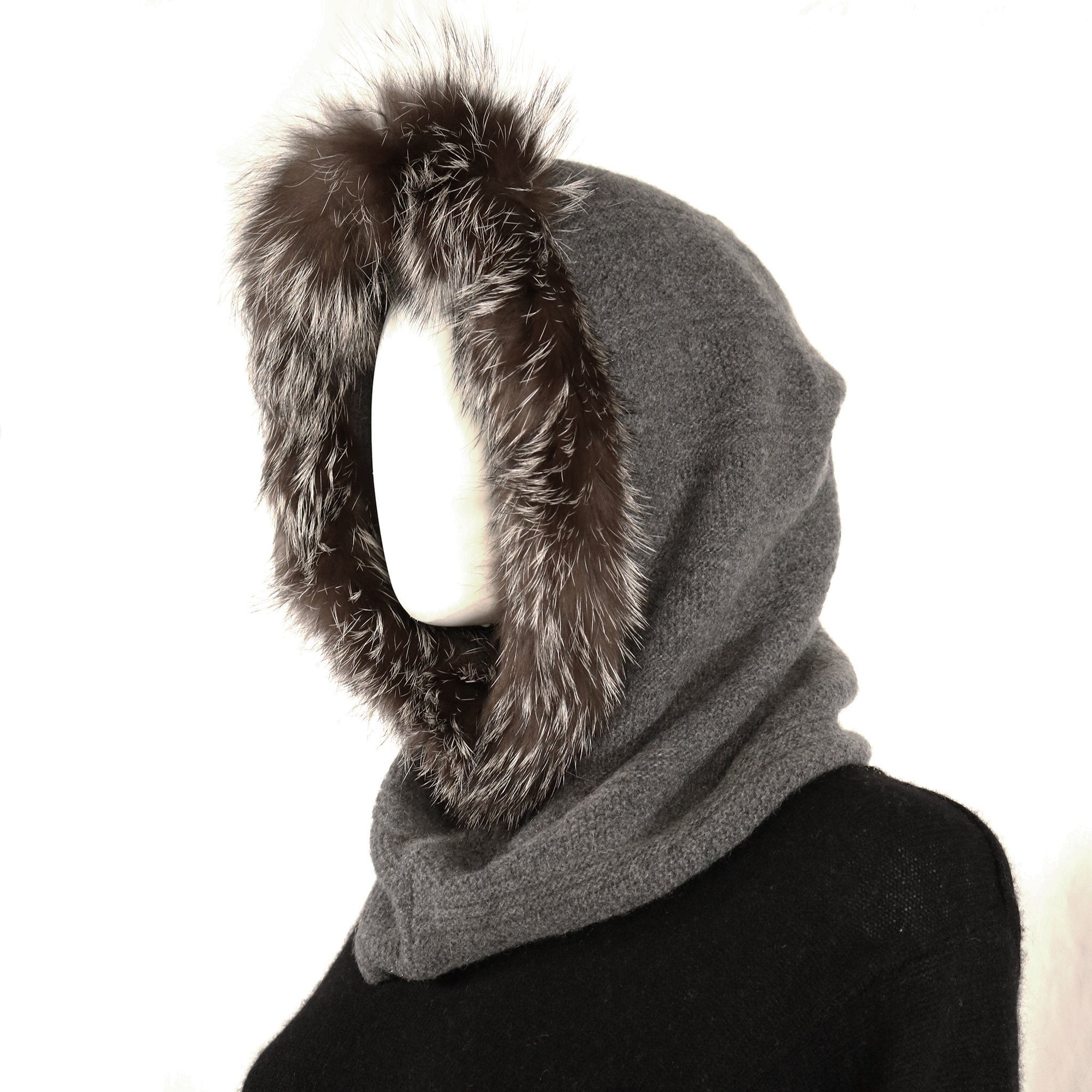 Womens | Cashmere Hood with Fur | Medium Grey