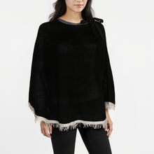 Womens | Poncho with Eyelash Fringes And Bow | Black/White