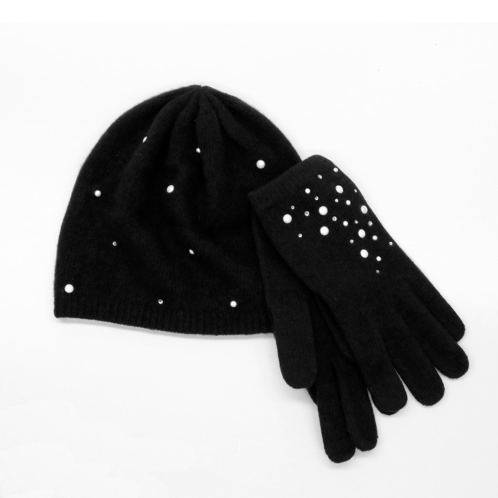 Womens | Cashmere Beanie with Pearls And Crystals | Black