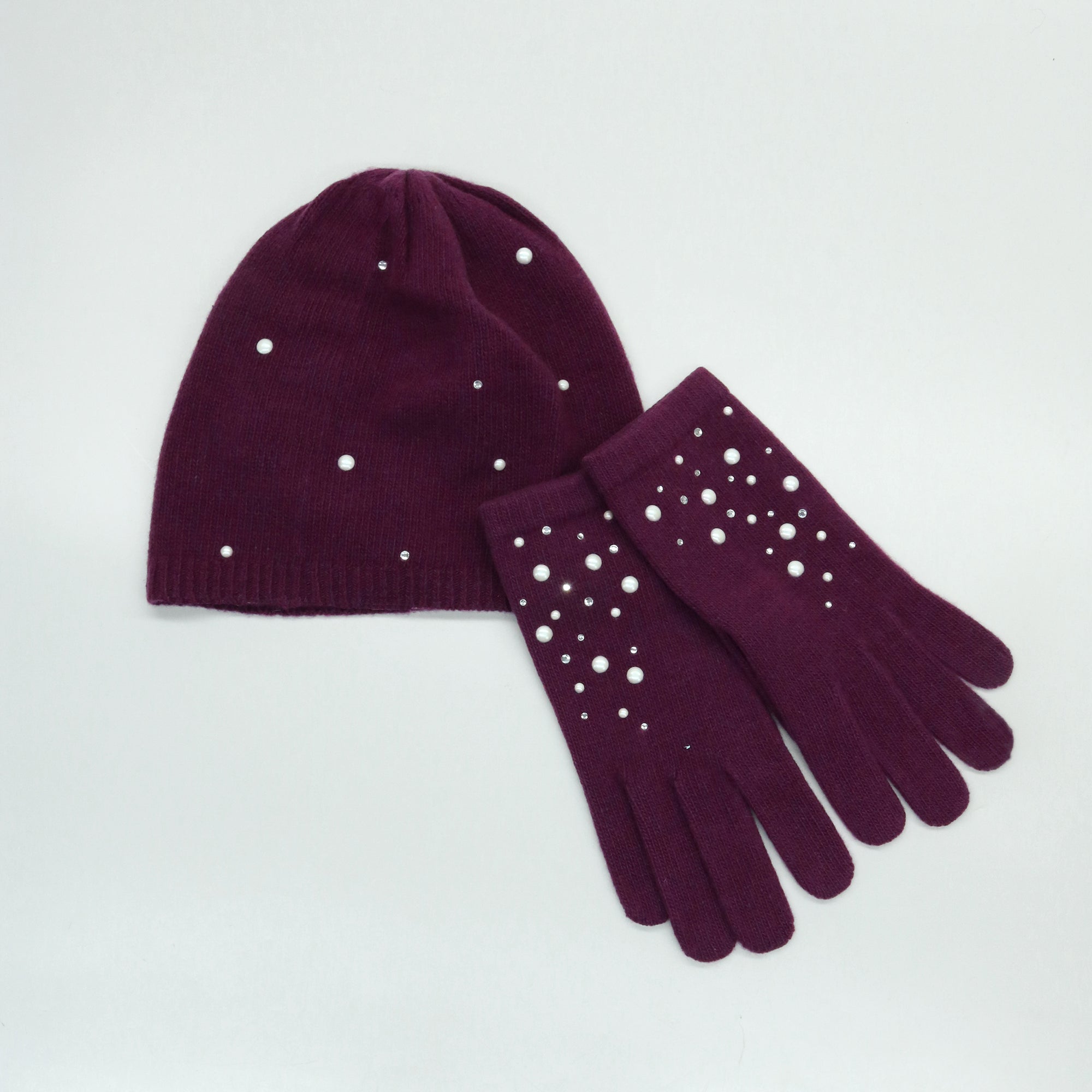 Womens | Cashmere Beanie with Pearls And Crystals | SK Damson