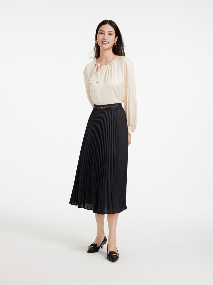 A-Line Shape Draped & Pressed Pleats High-Waisted Skirt | Black