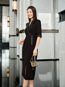 Chinese Style Waist-Cinched Dress | Black