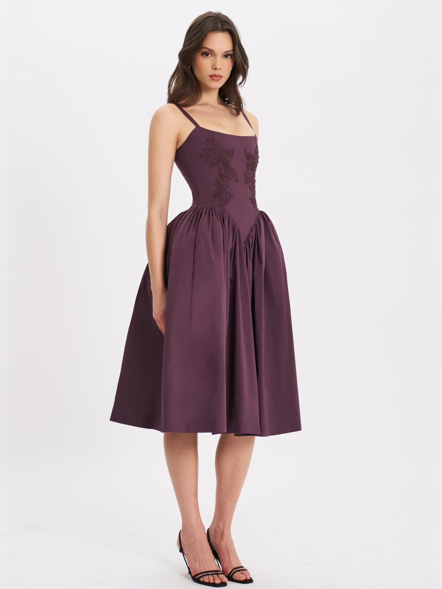 Oakleigh Blackberry Purple Cotton Lace-up Back Midi Dress | Black