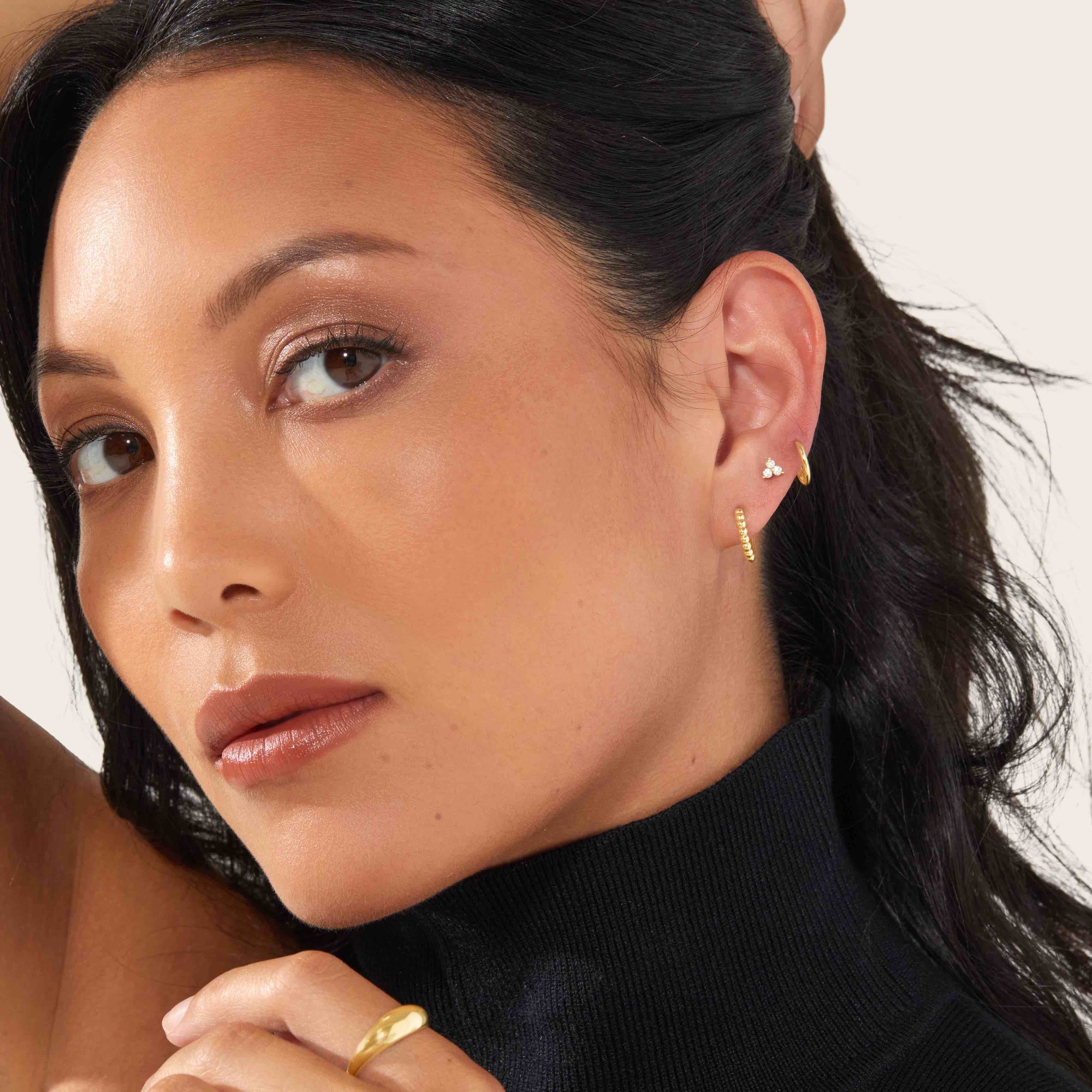 Womens | Beaded Huggie Hoops | 14K Solid Yellow Gold