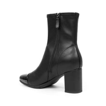 Miless Bootie Mid Block Heel | Black/Black Faux Stretch Nappa/Faux Patent