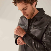 Mens | Santino Collared Zip Lambskin Leather Jacket | Black