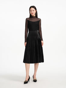 Velvet Pleated Midi Skirt | Black