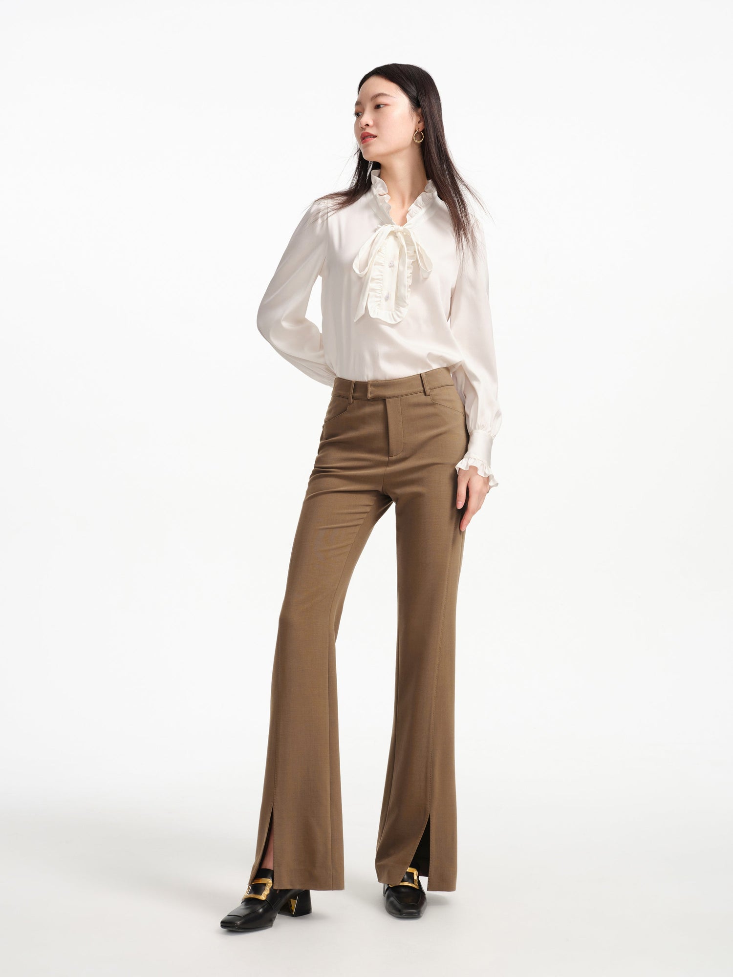 Fine Knitted Front Slits Pants | Brown
