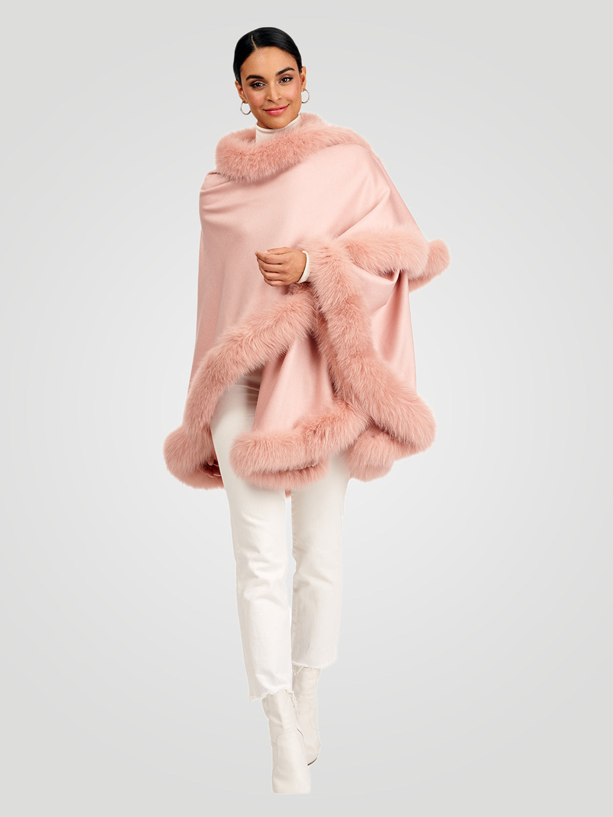 Cashmere Cape With Fox Trim | Women | Light Pink