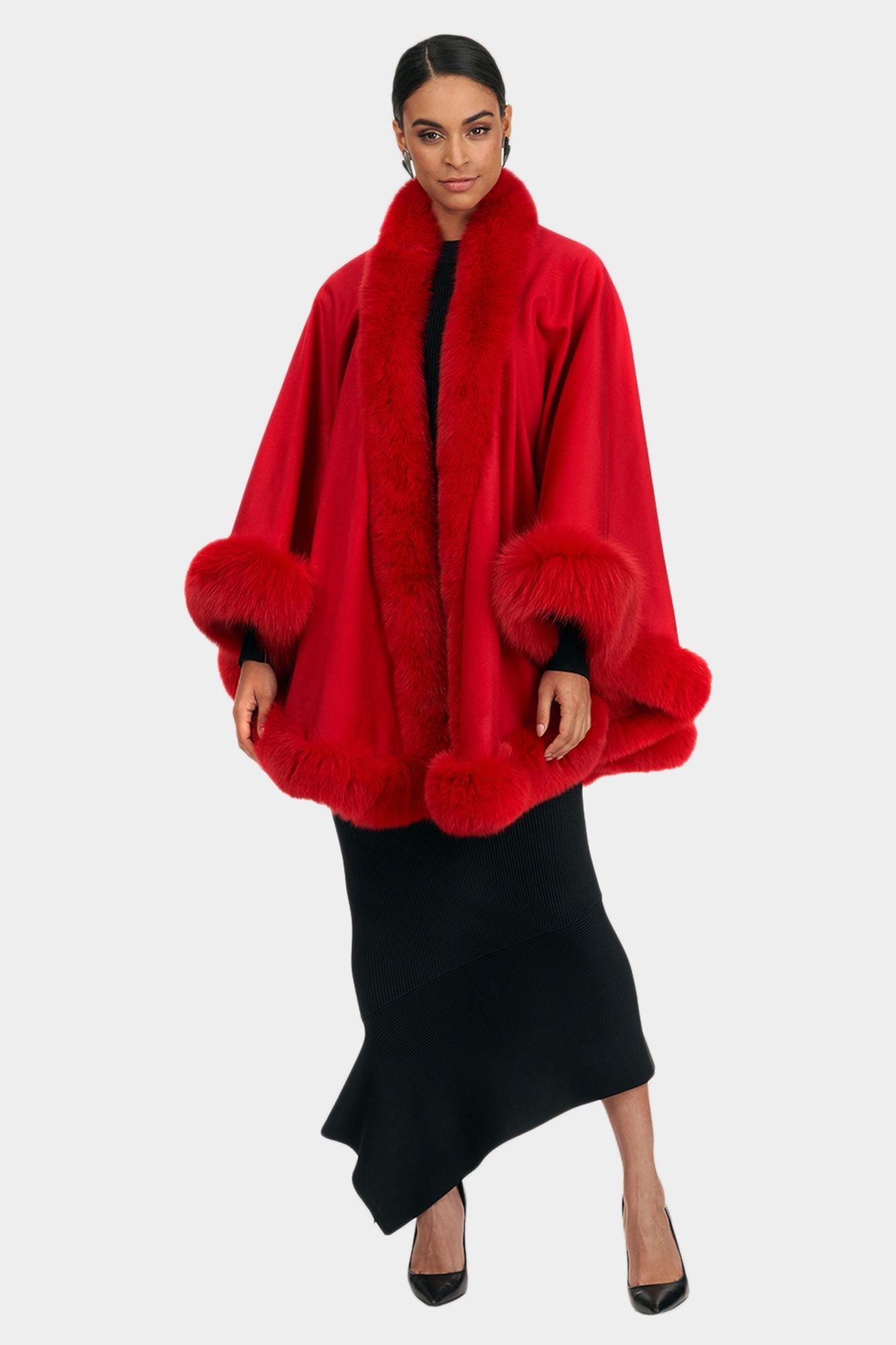 Cashmere Cape With Shadow Fox Trim | Women | Red