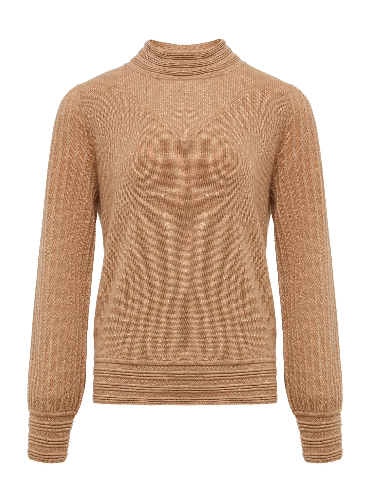 Cashmere Chimney Collar Pleated Knit Top | Camel