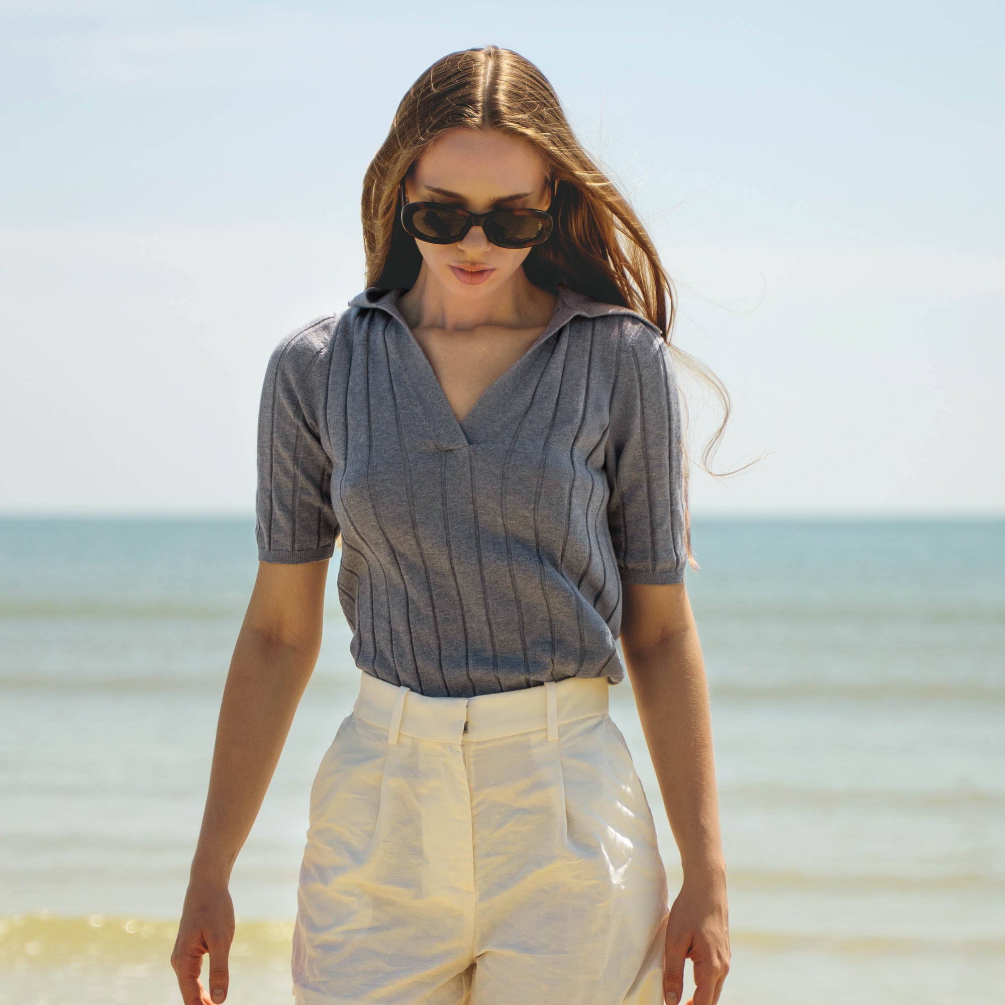 Womens | Elise Featherlight Cashmere Polo | Heather Grey
