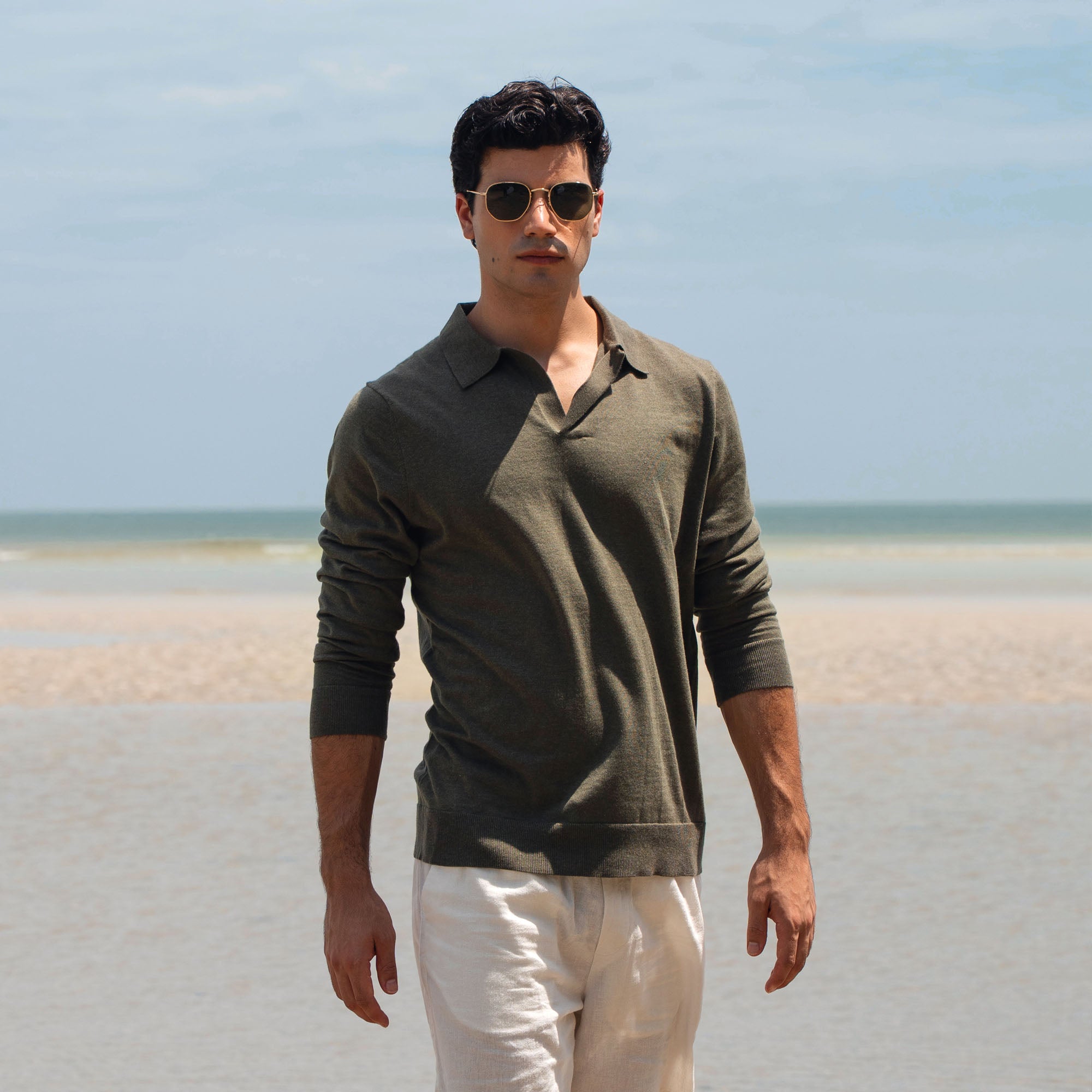 Mens | Elliot Featherlight Long Sleeve Polo | Vetiver