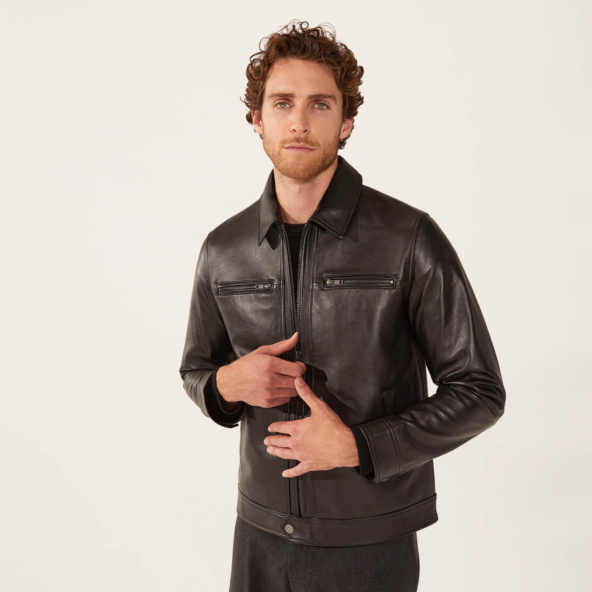 Mens | Santino Collared Zip Lambskin Leather Jacket | Black
